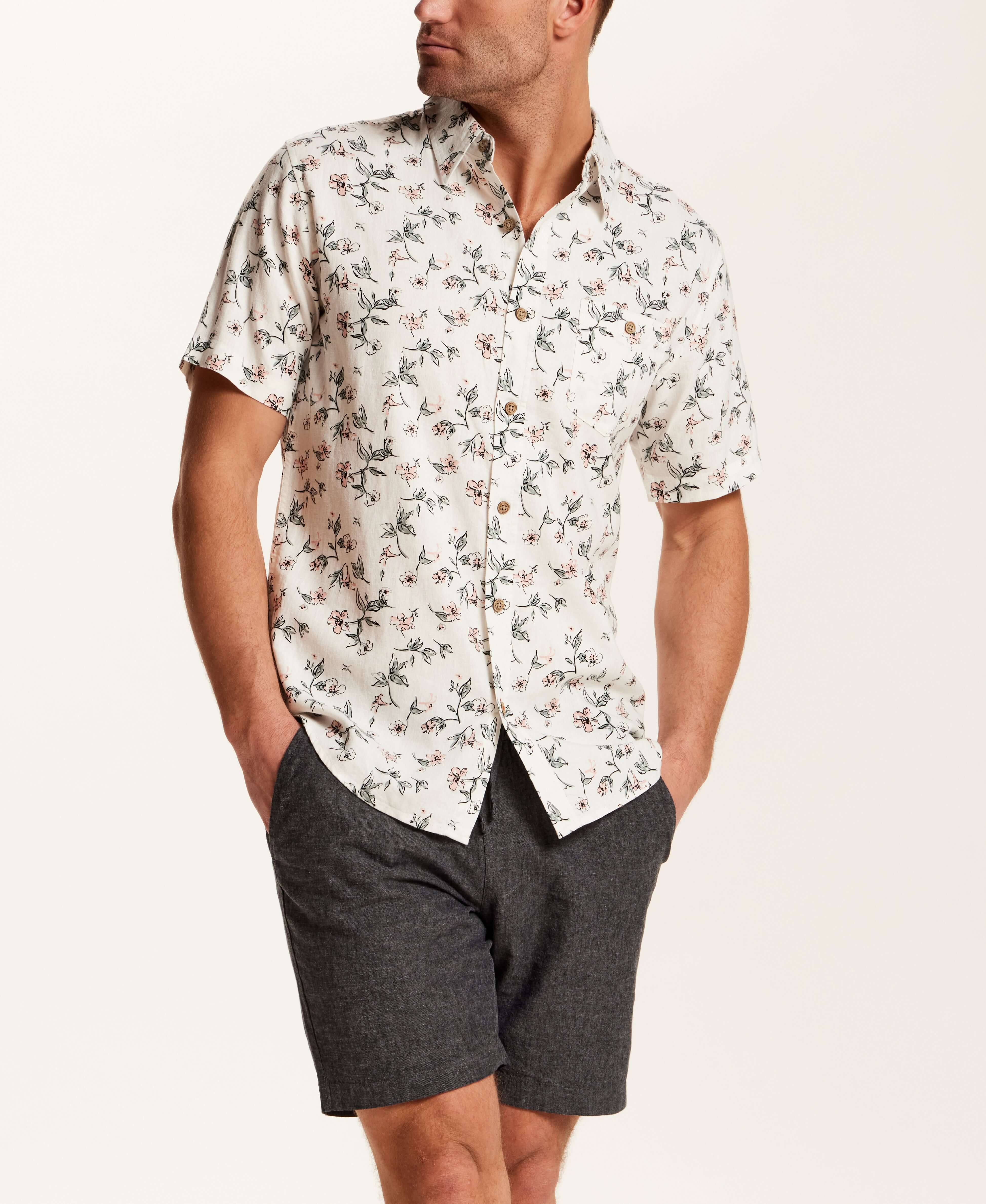 Linen Blend Floral Print Shirt in Cloud Pink