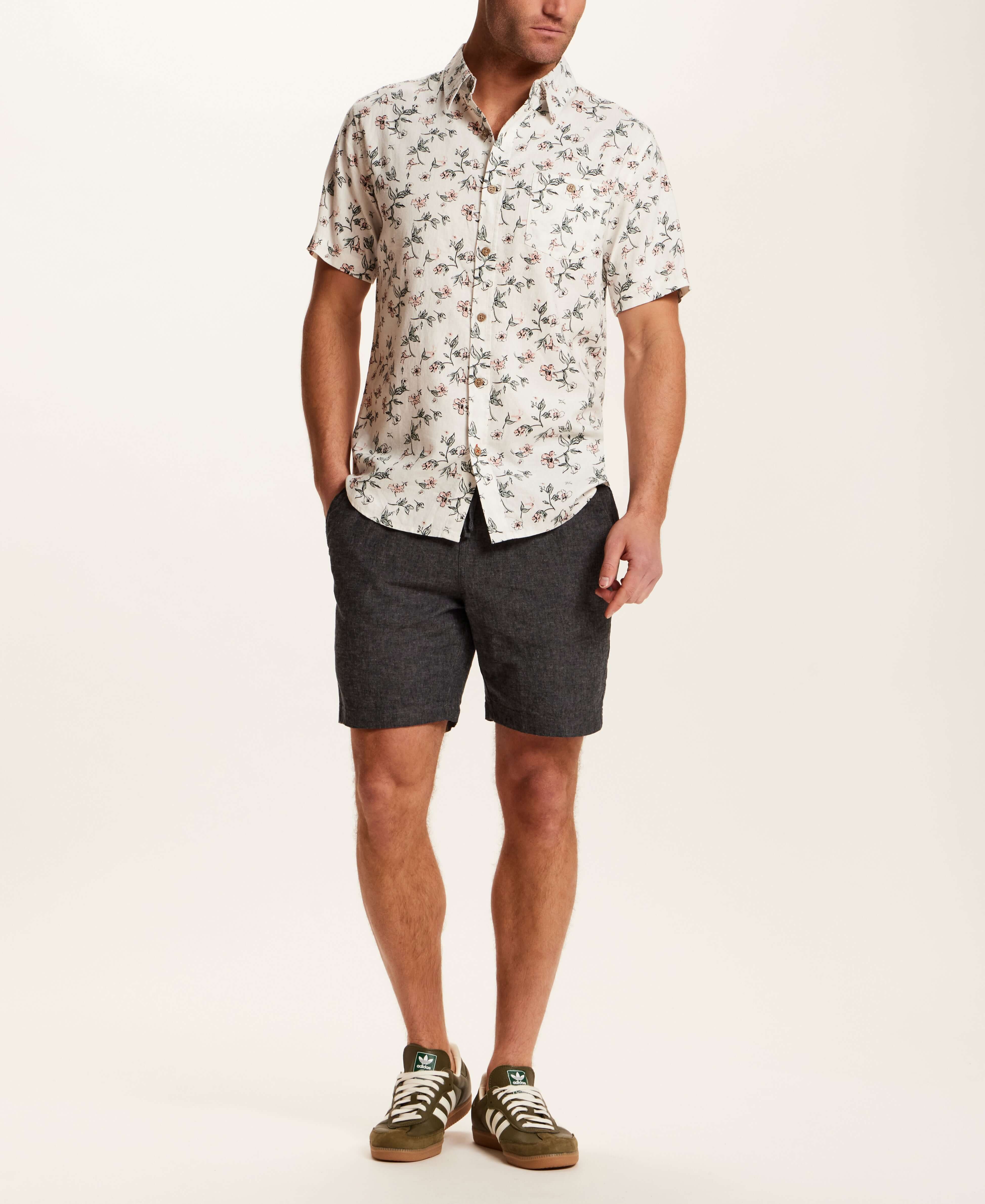 Linen Blend Floral Print Shirt in Cloud Pink