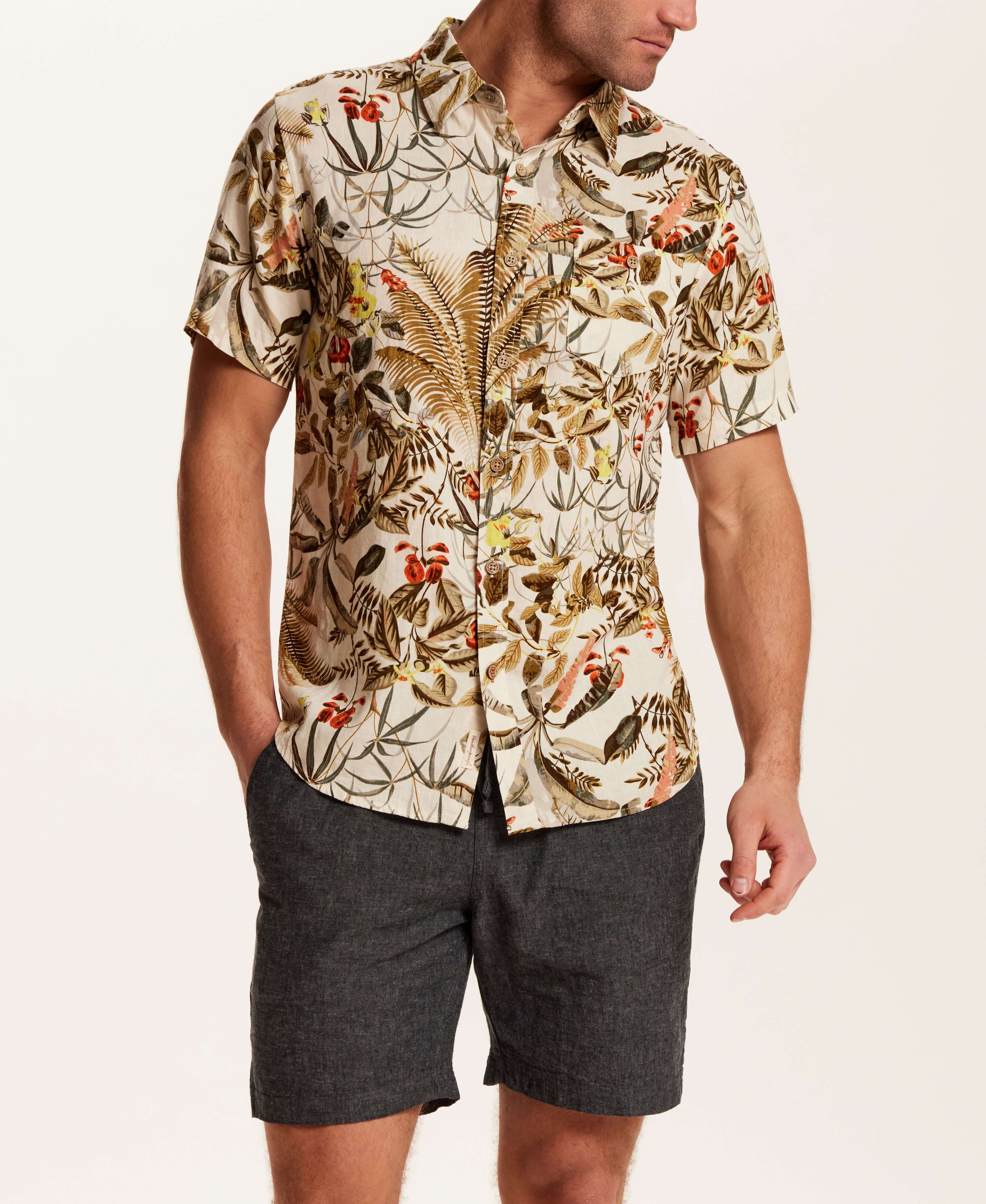 Linen Blend Print Shirt in Wheat