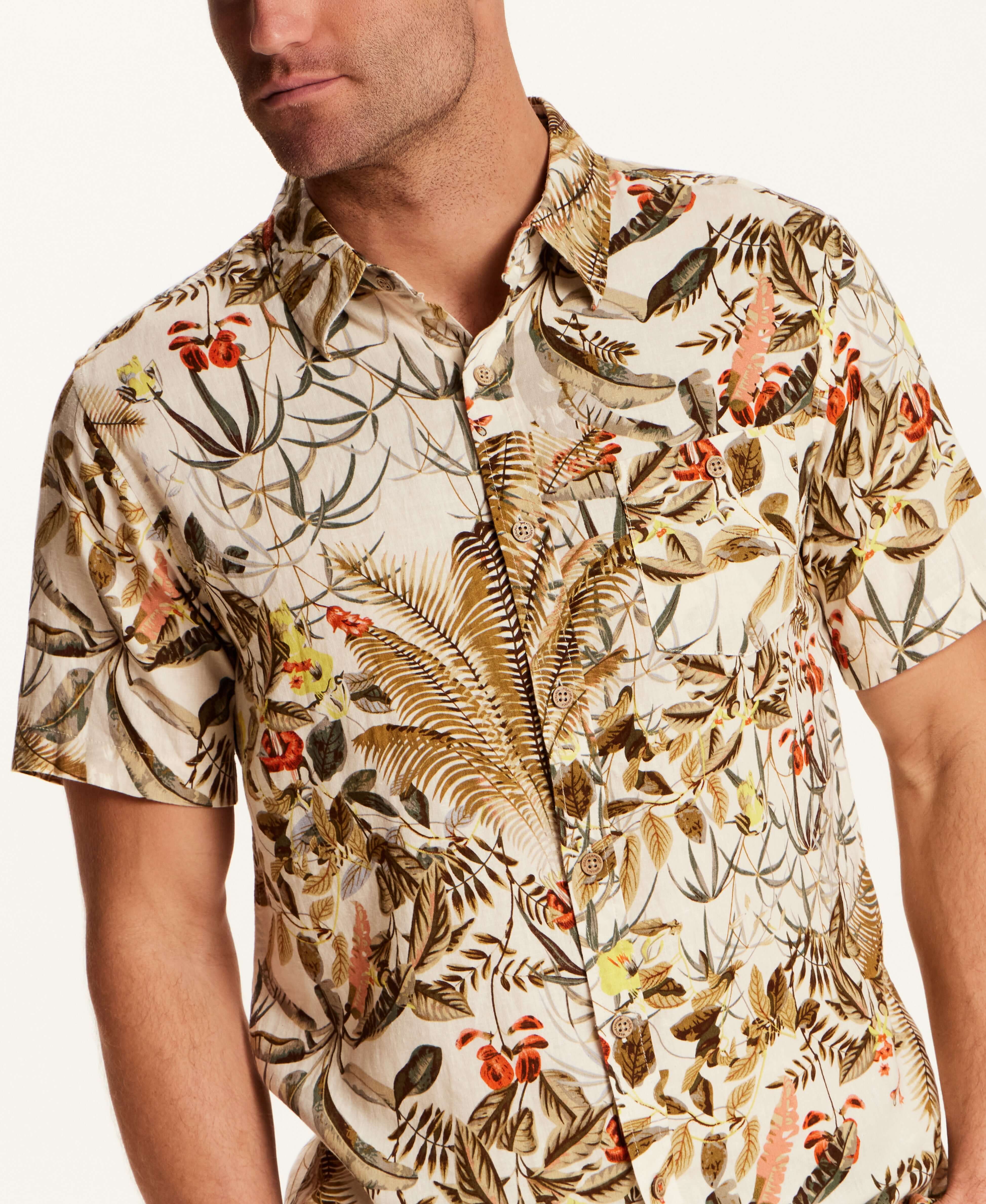 Linen Blend Print Shirt in Wheat