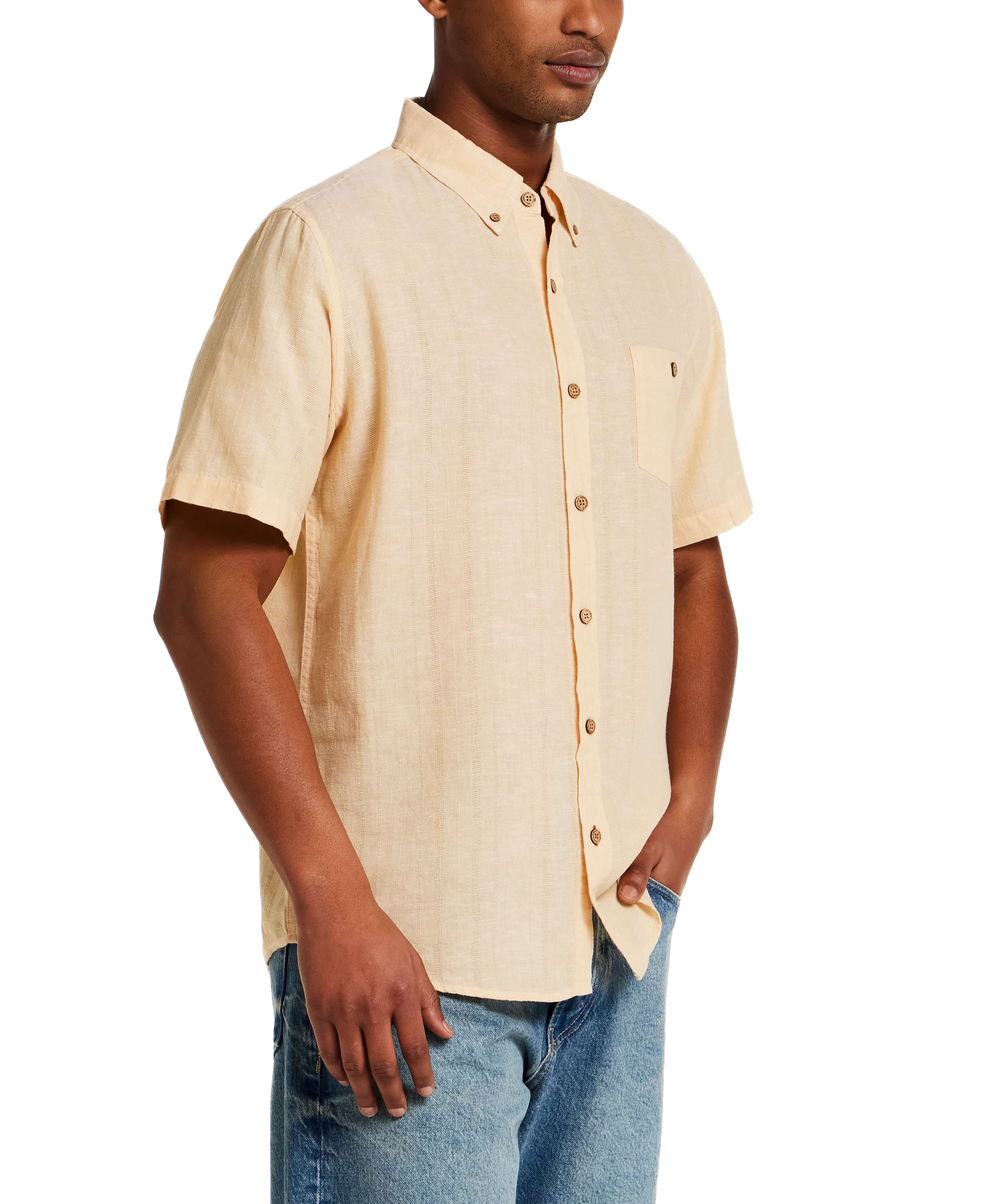 Model wearing a Linen Blend Dobby Stripe Shirt in Sahara Sun, showcasing lightweight fabric and subtle stripe design.
