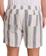 Linen Blend Vertical Stripe Shorts in Blue White Stripe showcasing the back view with elastic waist and patch pockets.