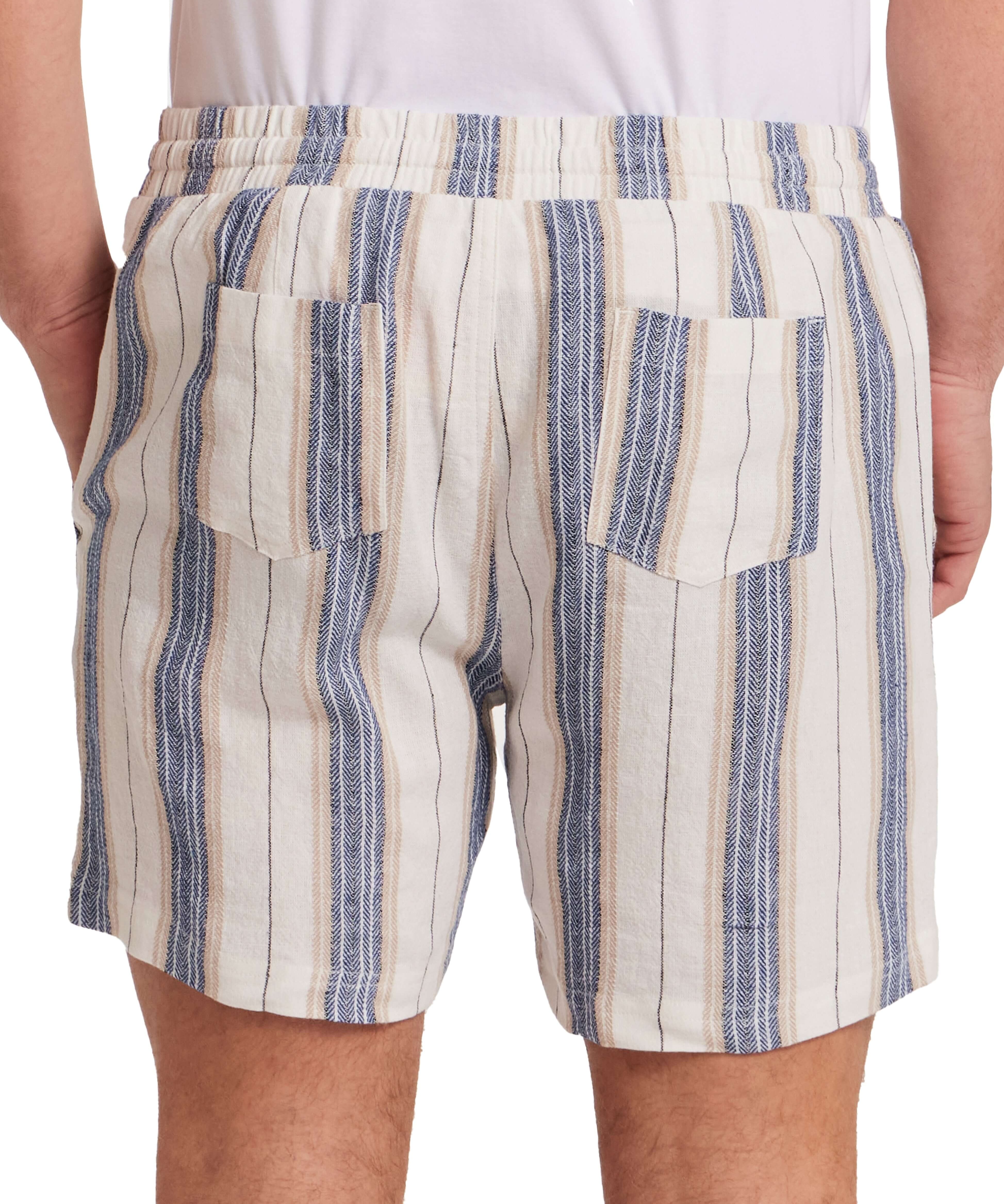 Linen Blend Vertical Stripe Shorts in Blue White Stripe showcasing the back view with elastic waist and patch pockets.