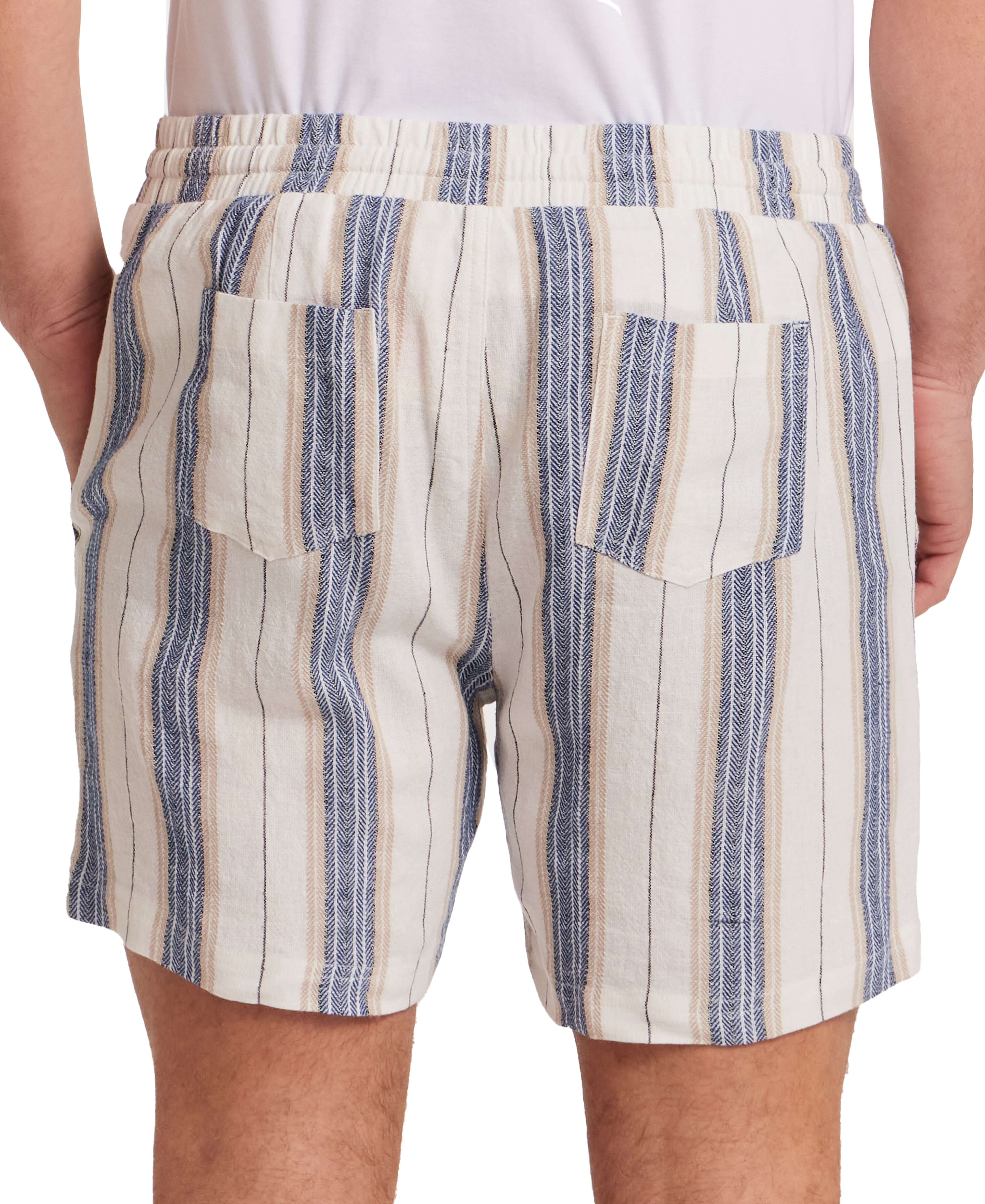 Linen Blend Vertical Stripe Shorts in Blue White Stripe showcasing the back view with elastic waist and patch pockets.