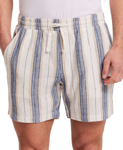 Linen Blend Vertical Stripe Shorts in Blue White Stripe featuring a lightweight, elastic waist with tie and pockets.