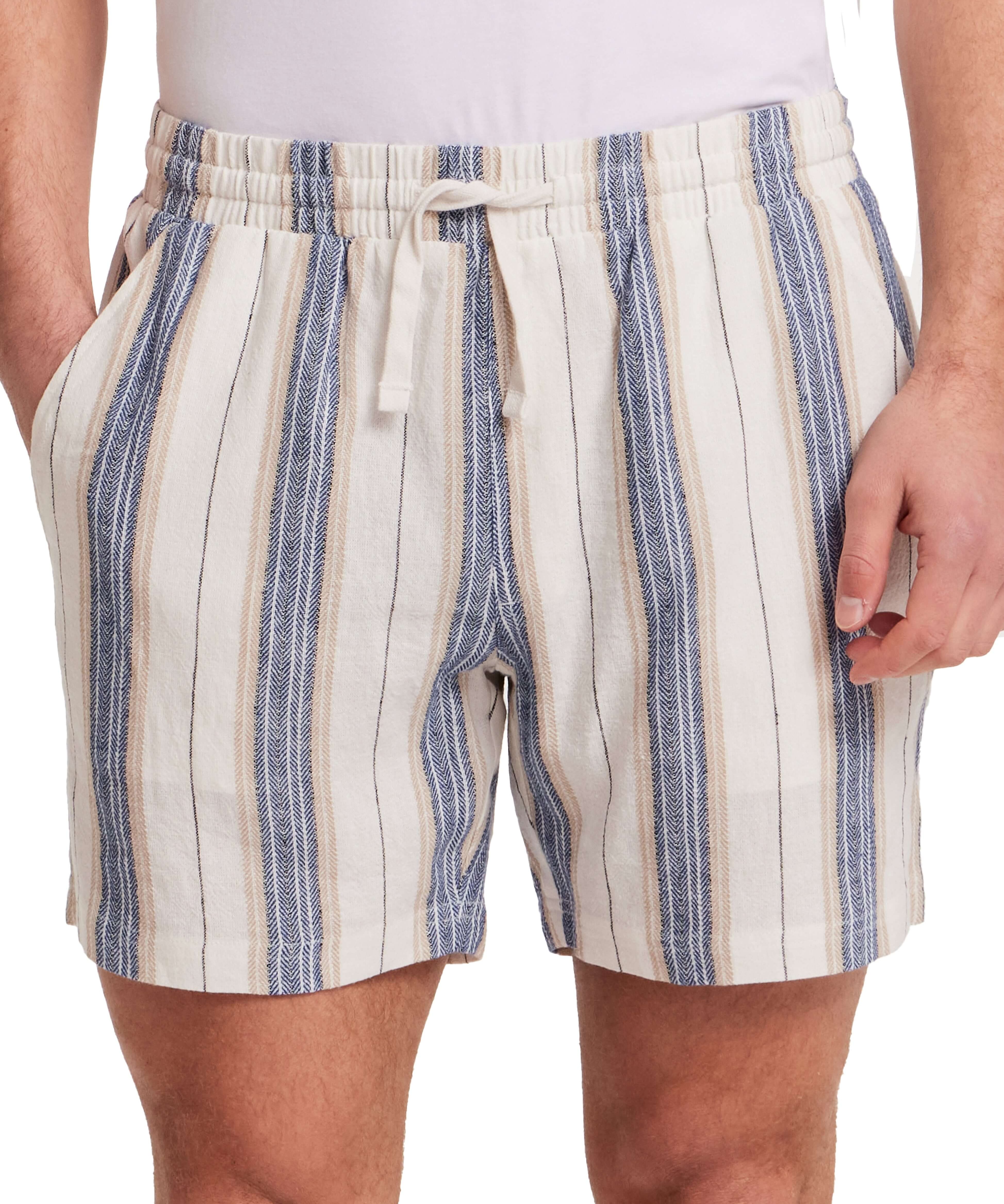 Linen Blend Vertical Stripe Shorts in Blue White Stripe featuring a lightweight, elastic waist with tie and pockets.