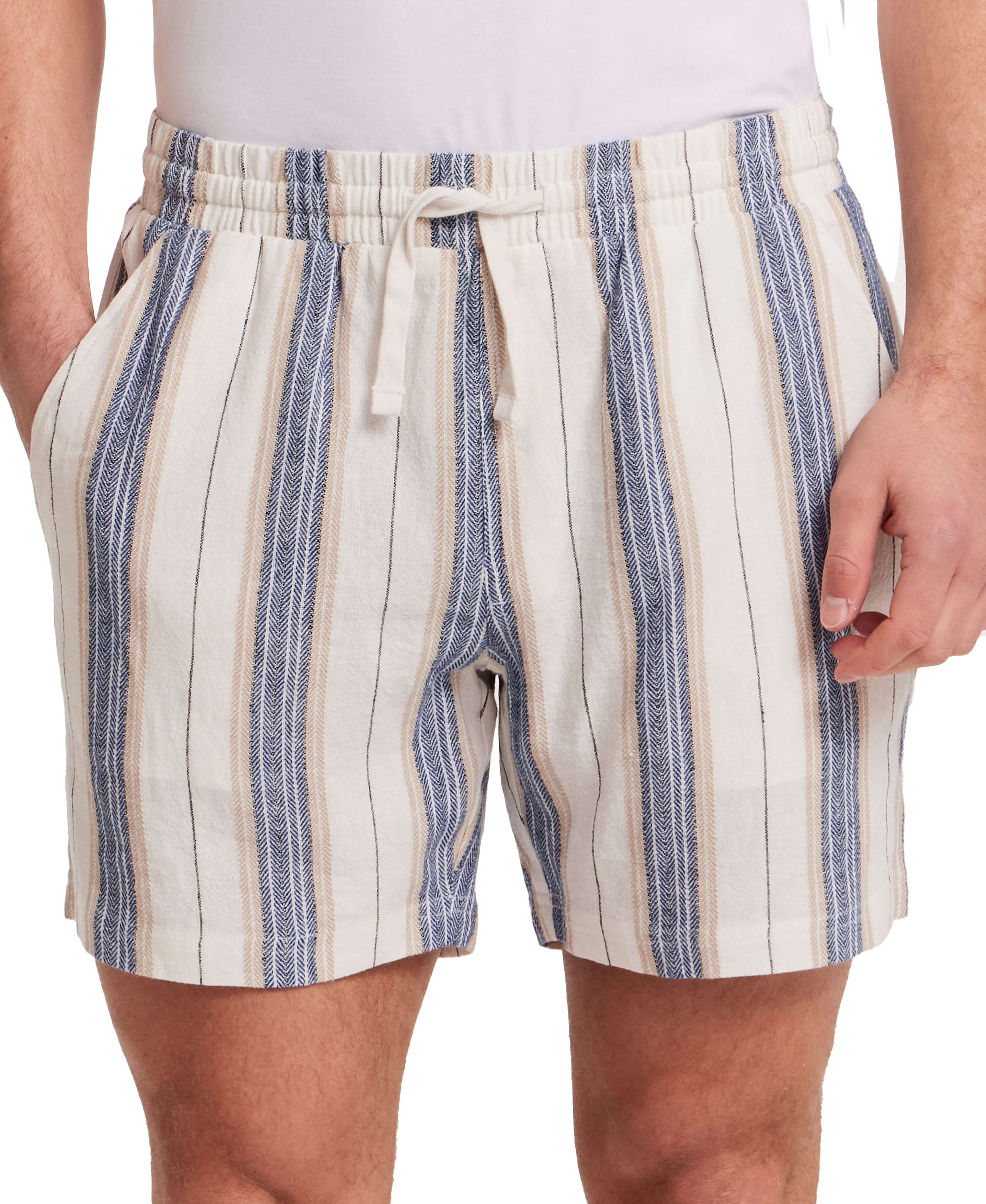 Linen Blend Vertical Stripe Shorts in Blue White Stripe featuring a lightweight, elastic waist with tie and pockets.