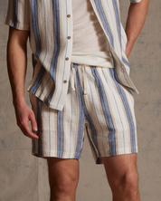 Linen Blend Vertical Stripe Shorts in Blue White Stripe
