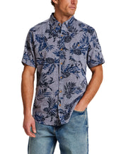 The Linen Cotton Print Shirt in Dress Blue, featuring a relaxed fit, short sleeves, and abstract floral print.