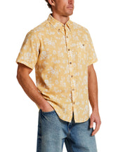 The Linen Cotton Print Shirt in Misted Yellow, featuring an abstract floral print and relaxed fit, perfect for summer.