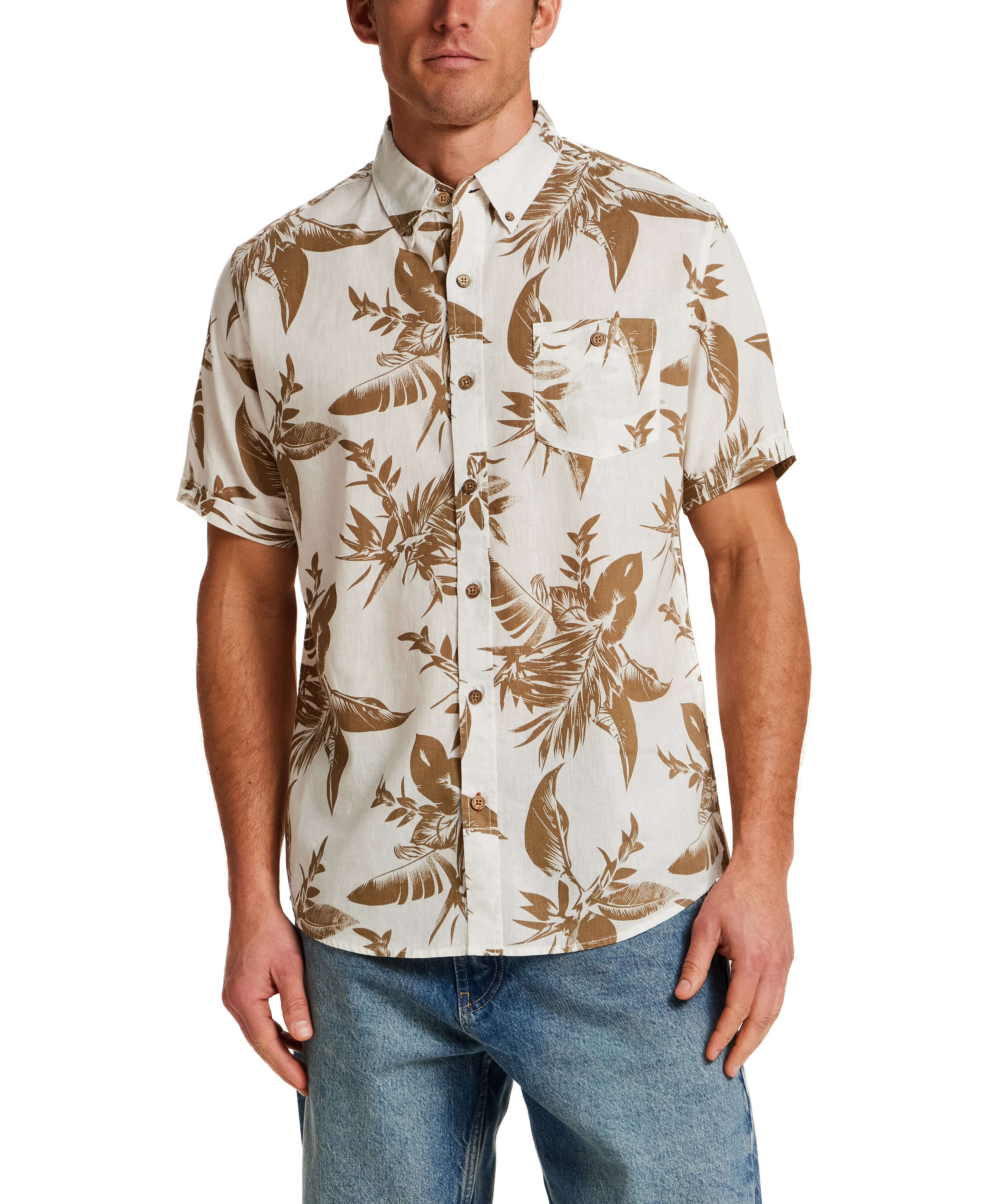 The Linen Cotton Print Shirt in Peanut, featuring a breezy floral design and relaxed fit for comfort.