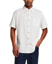 The Linen Cotton Print Shirt in Snow White worn by model, showcasing the abstract floral print and relaxed fit.