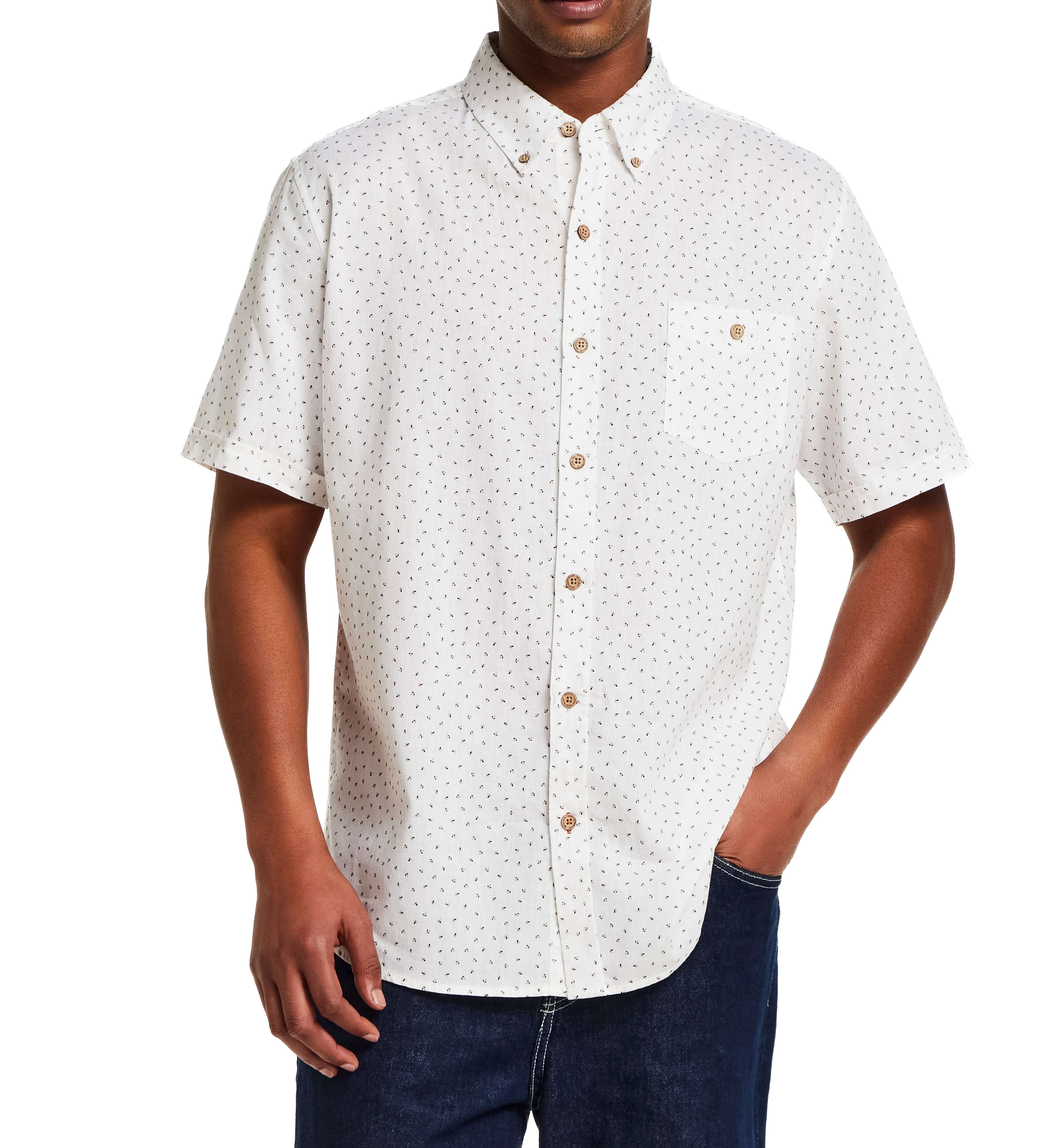 The Linen Cotton Print Shirt in Snow White worn by model, showcasing the abstract floral print and relaxed fit.