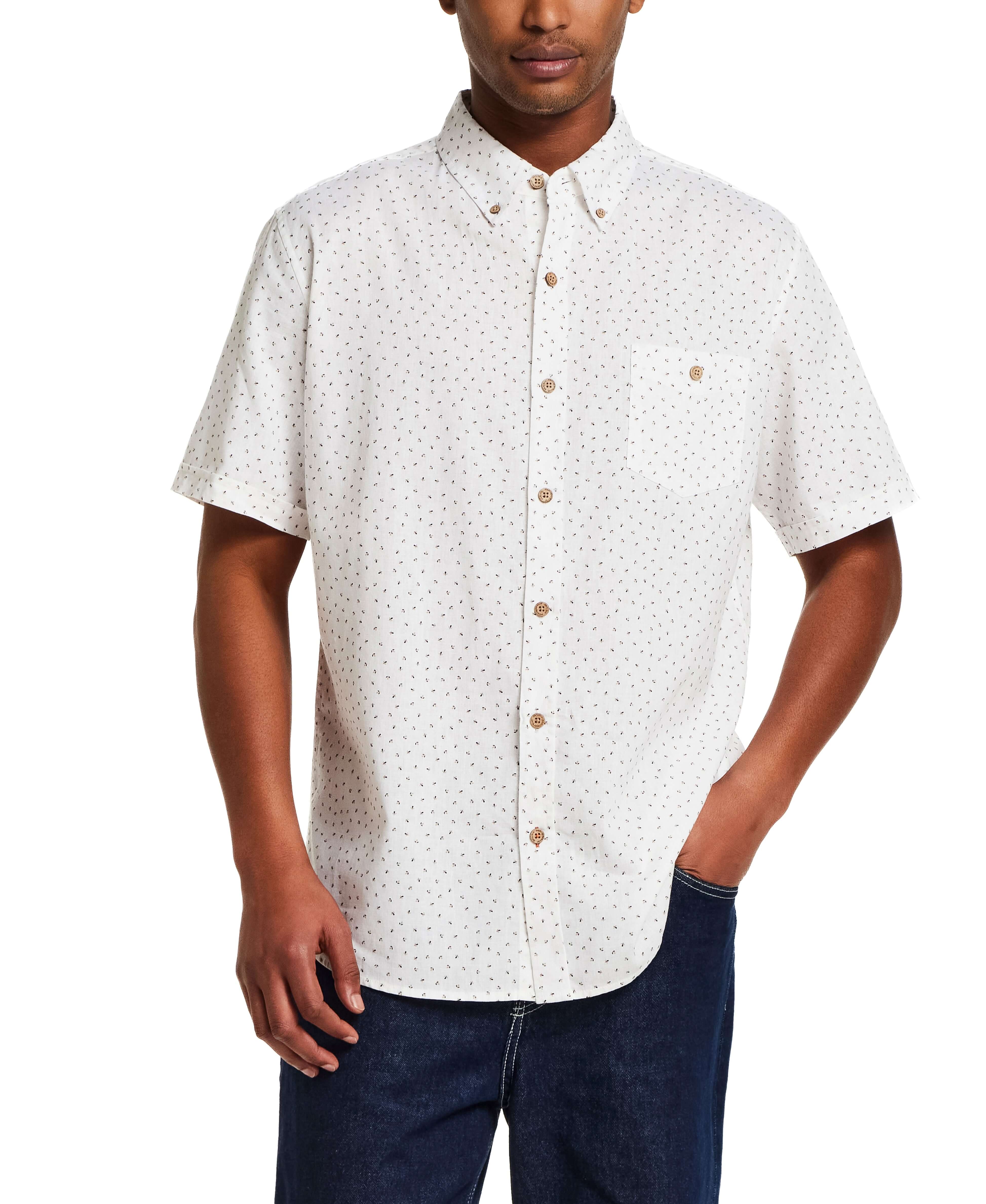 The Linen Cotton Print Shirt in Snow White worn by model, showcasing the abstract floral print and relaxed fit.