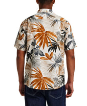 The Linen Cotton Print Shirt in Khaki displayed from the back, showcasing an abstract floral print on a classic button-down design.