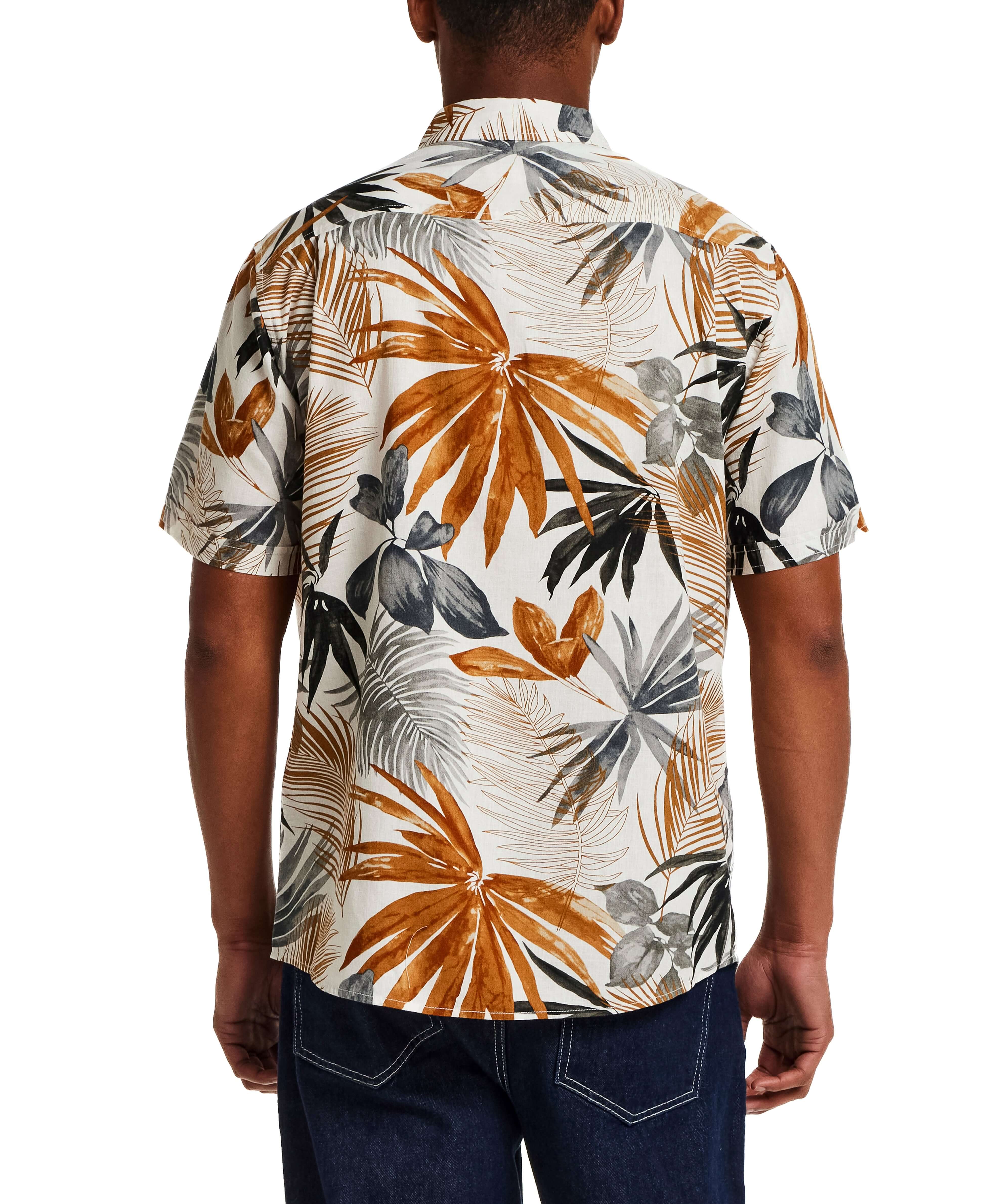 The Linen Cotton Print Shirt in Khaki displayed from the back, showcasing an abstract floral print on a classic button-down design.