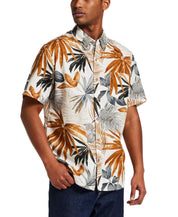 The Linen Cotton Print Shirt in Khaki features an abstract floral print on breathable fabric.