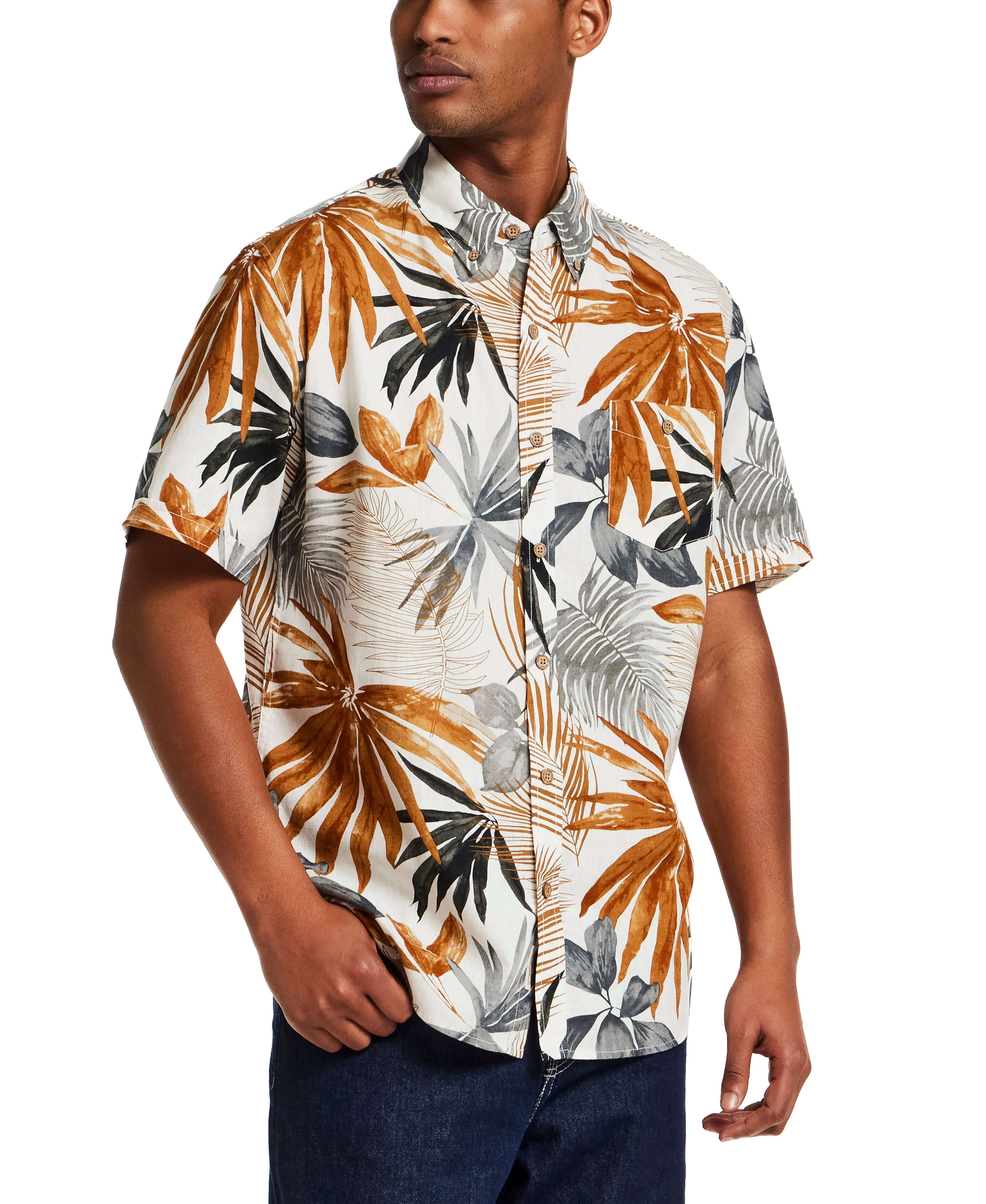 The Linen Cotton Print Shirt in Khaki features an abstract floral print on breathable fabric.
