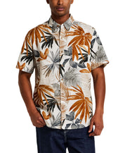 The Linen Cotton Print Shirt in Khaki displayed on a model featuring an abstract floral design and a relaxed fit.
