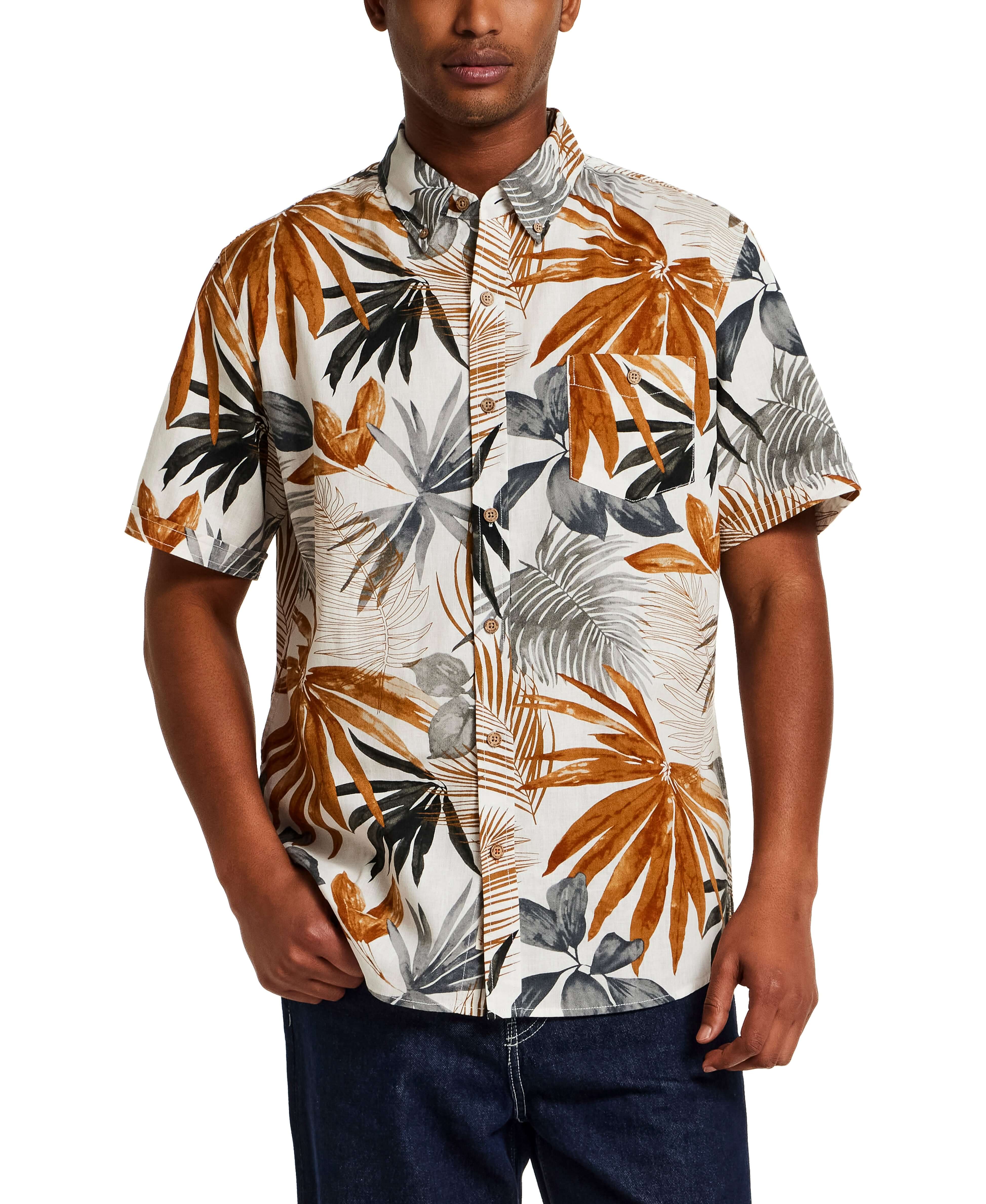 The Linen Cotton Print Shirt in Khaki displayed on a model featuring an abstract floral design and a relaxed fit.