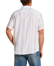 Back view of a man wearing a 100% Linen Shirt in Natural Stripe, highlighting the stripe pattern and short sleeves.