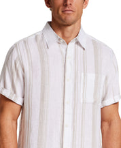 100% Linen Shirt in Natural Stripe featuring a button front, spread collar, and short sleeves, ideal for warm weather.