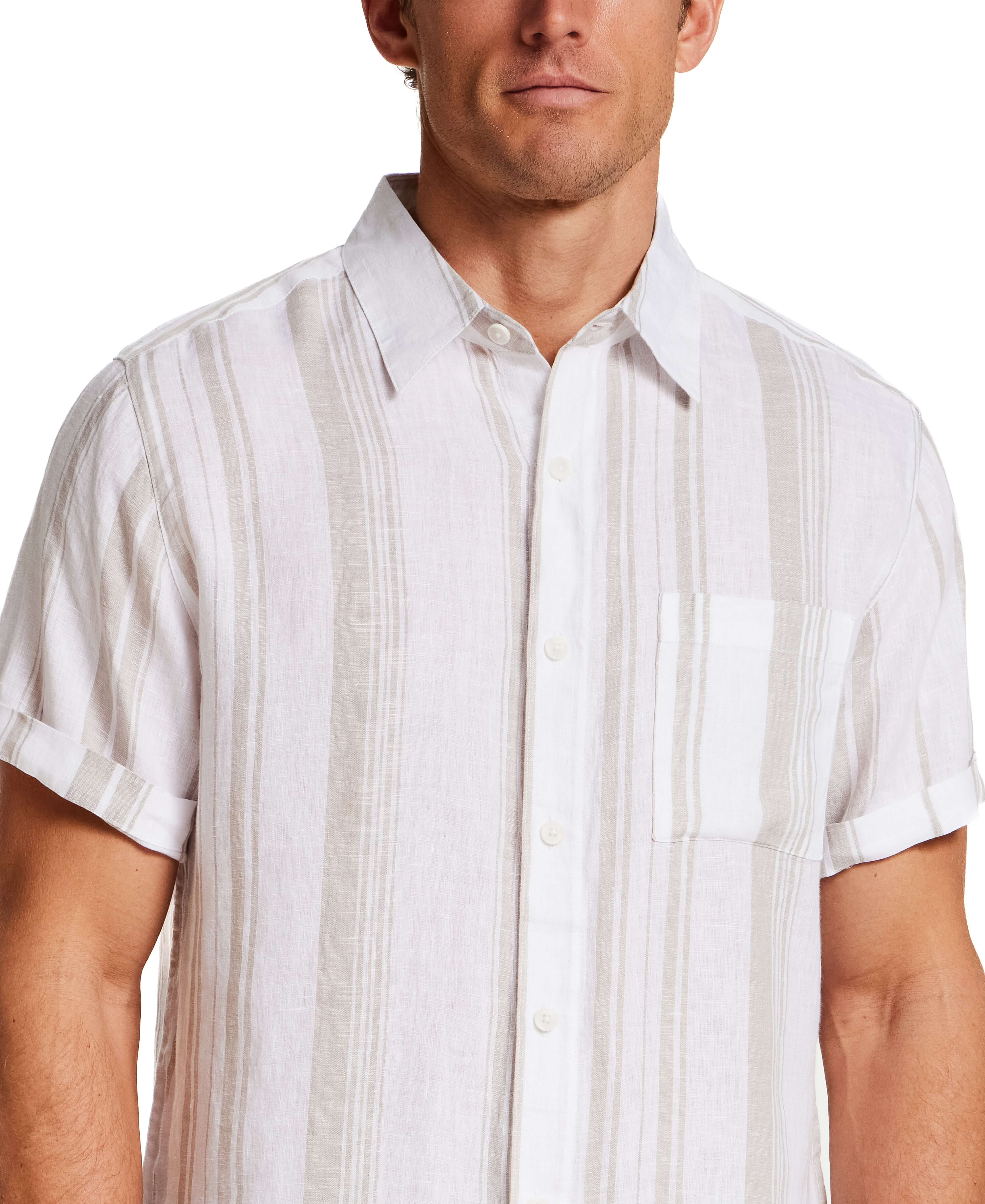 100% Linen Shirt in Natural Stripe featuring a button front, spread collar, and short sleeves, ideal for warm weather.