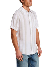 100% Linen Shirt in Natural Stripe on a model, featuring short sleeves and a clean stripe pattern.