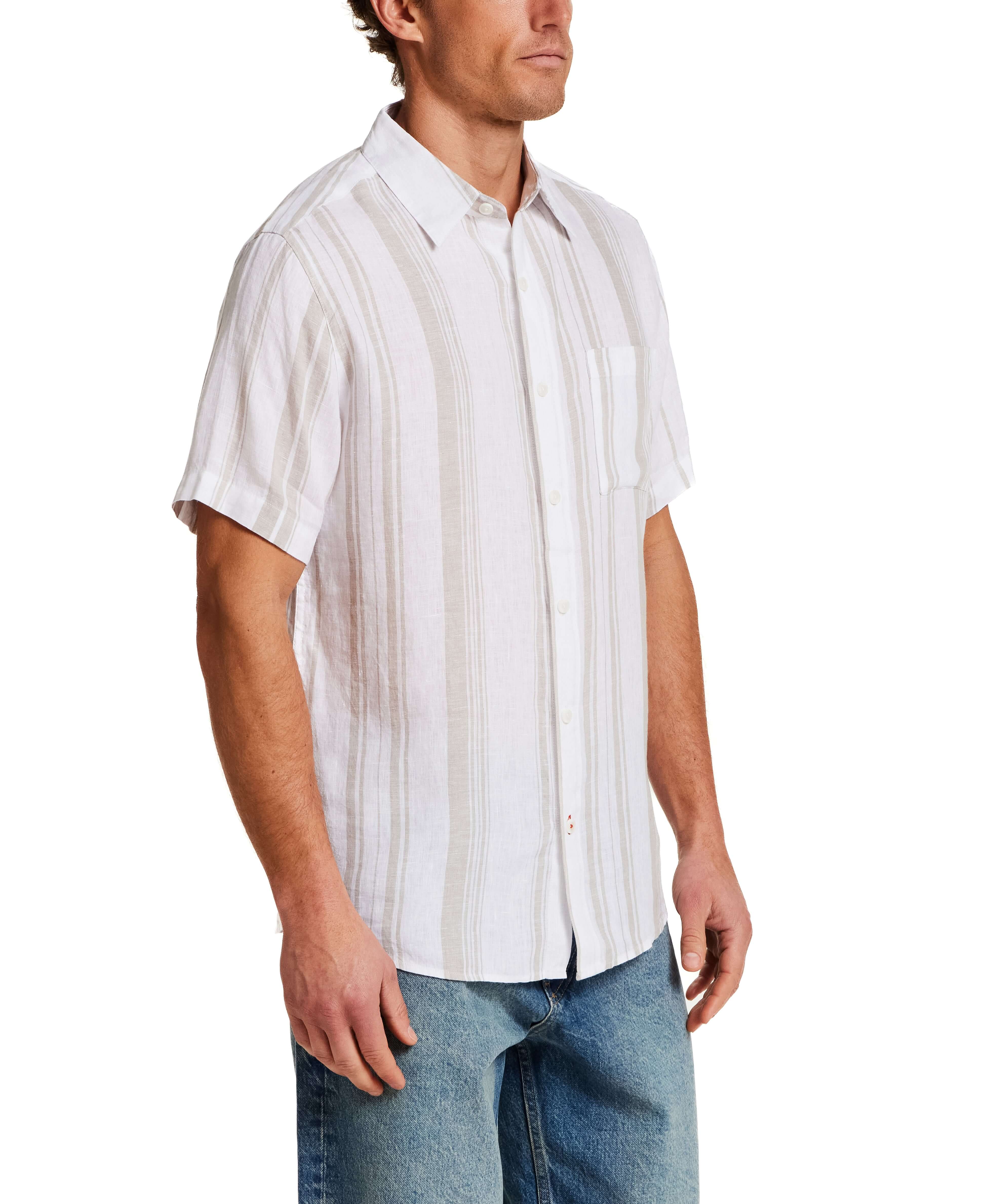 100% Linen Shirt in Natural Stripe on a model, featuring short sleeves and a clean stripe pattern.