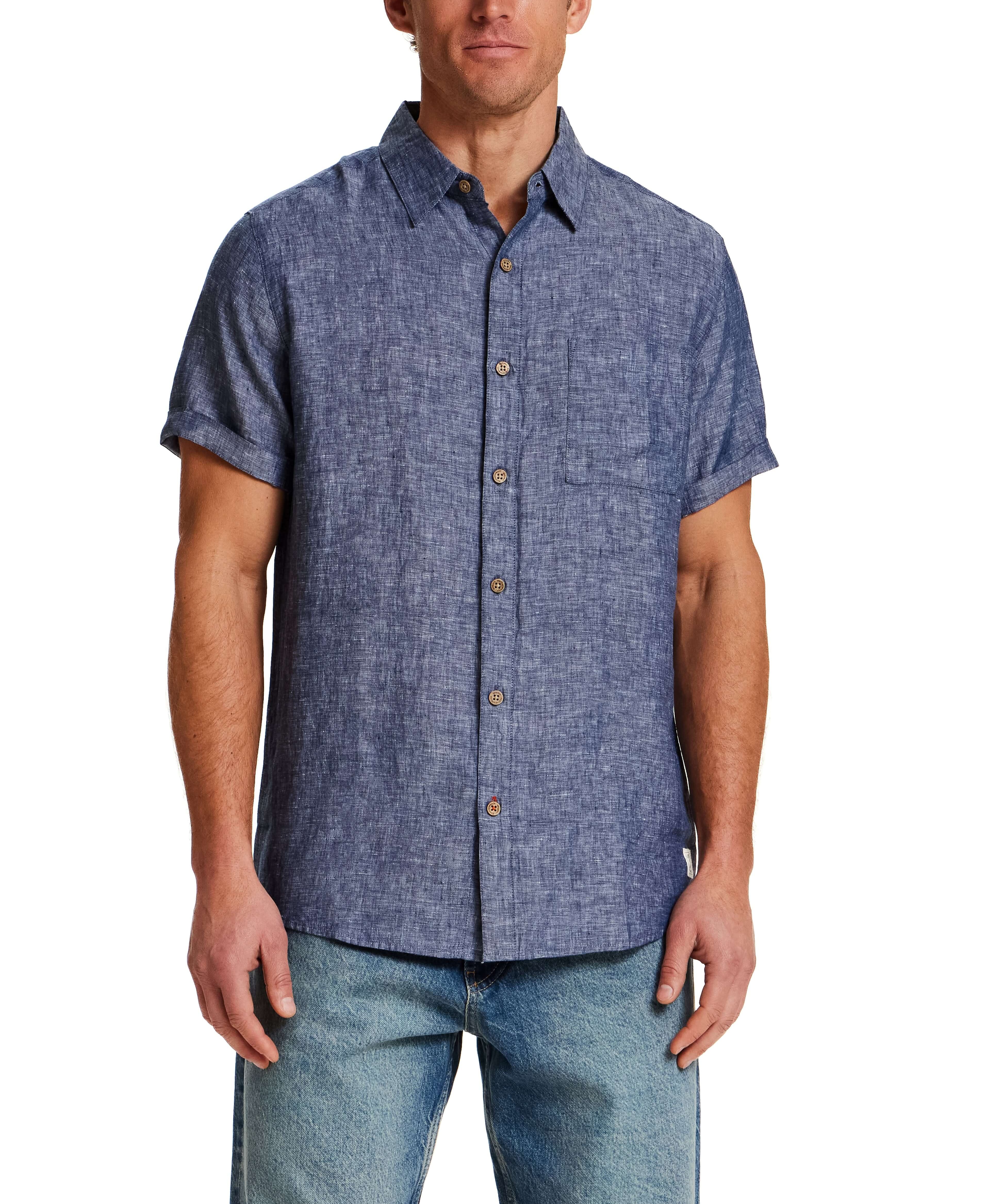 Short Sleeve Linen Shirt in Navy displayed on model, featuring classic fit, short sleeves, and chest pocket.