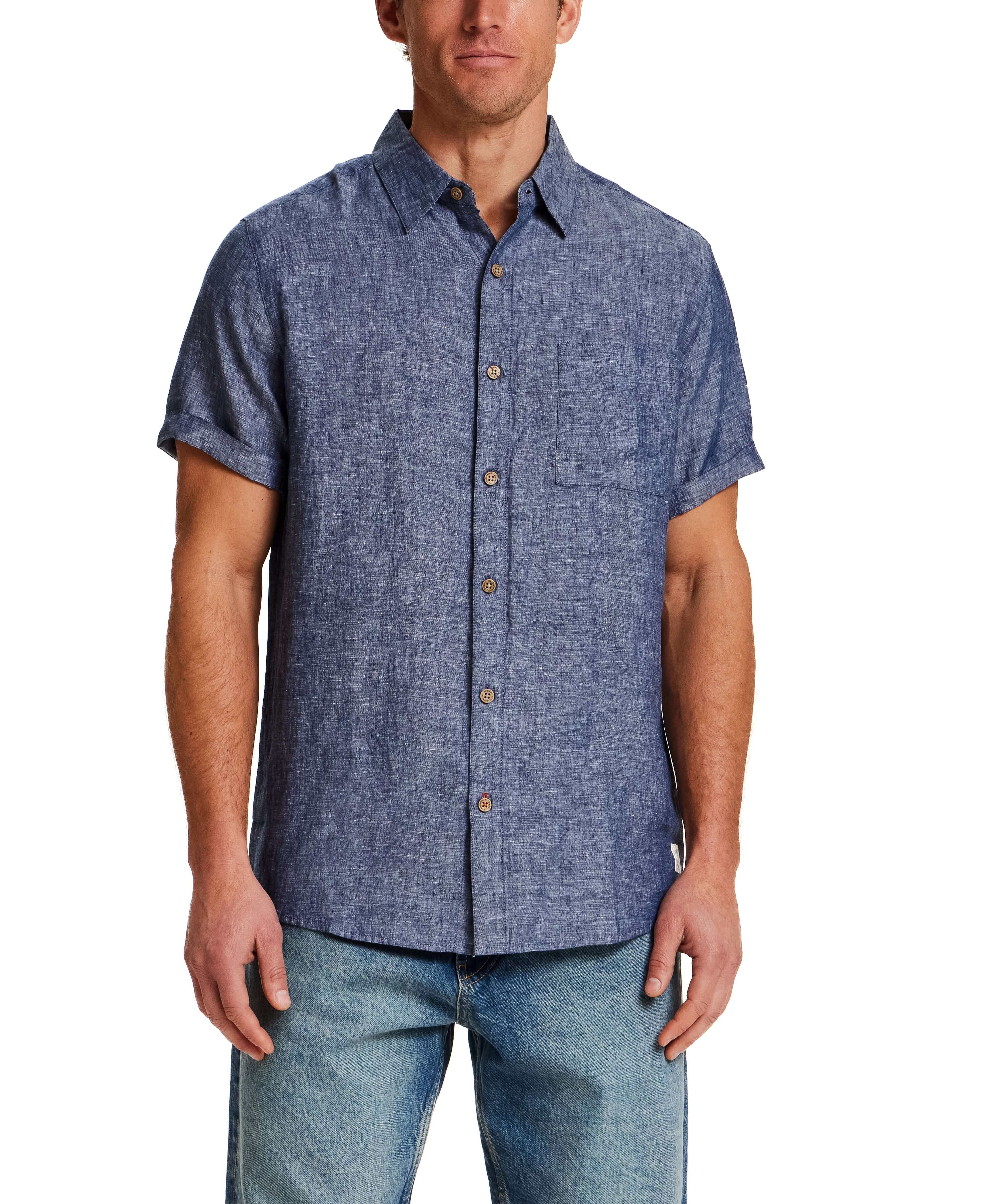 Short Sleeve Linen Shirt in Navy displayed on model, featuring classic fit, short sleeves, and chest pocket.