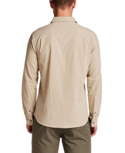 Long Sleeve Cotton Sheeting Shirt in Khaki, back view of model showcasing lightweight cotton fabric.