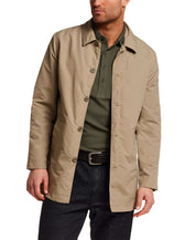 Mid Length Commuter Trench in Khaki displayed on a male model, showcasing its streamlined design and tailored fit.