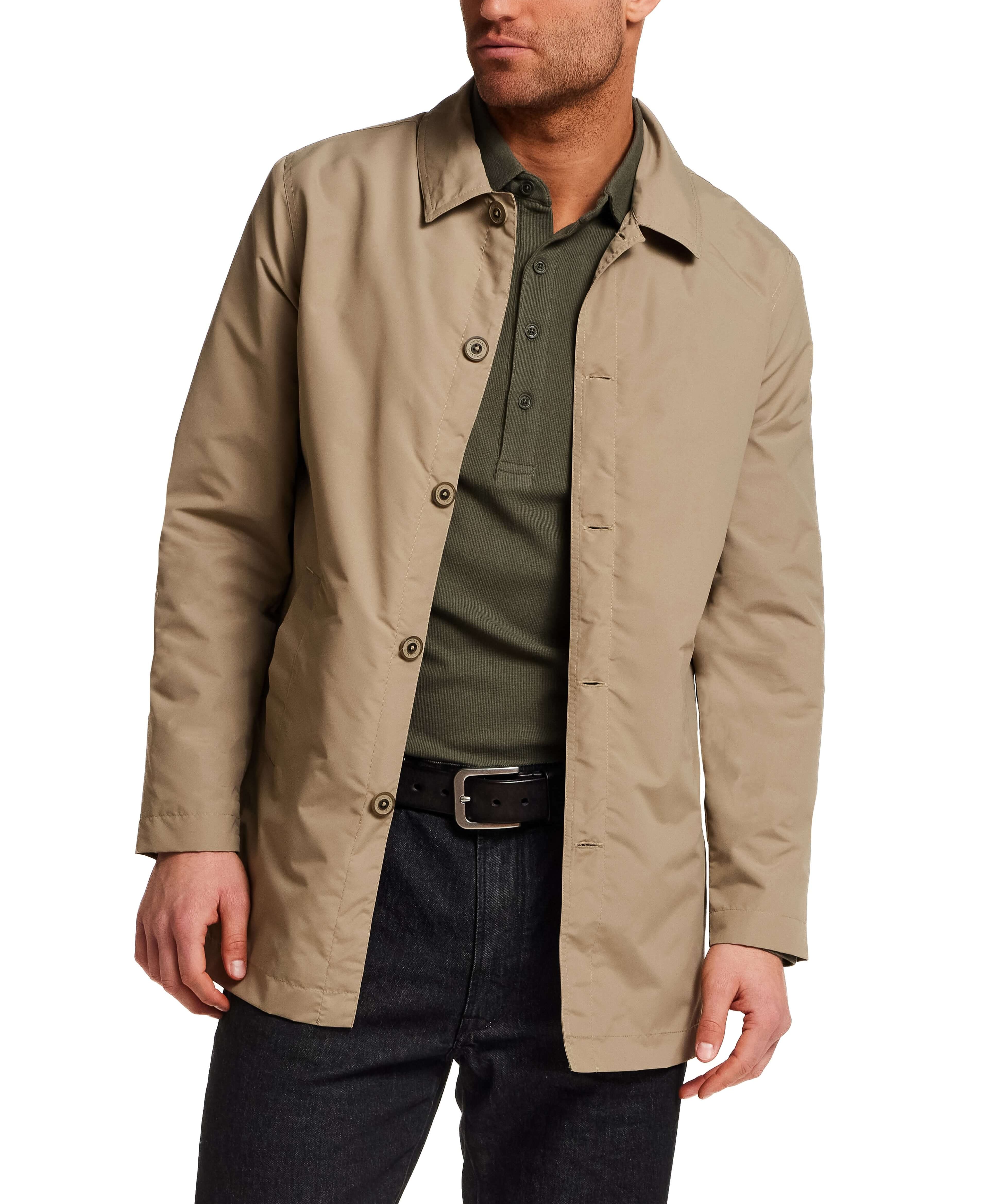 Mid Length Commuter Trench in Khaki displayed on a male model, showcasing its streamlined design and tailored fit.