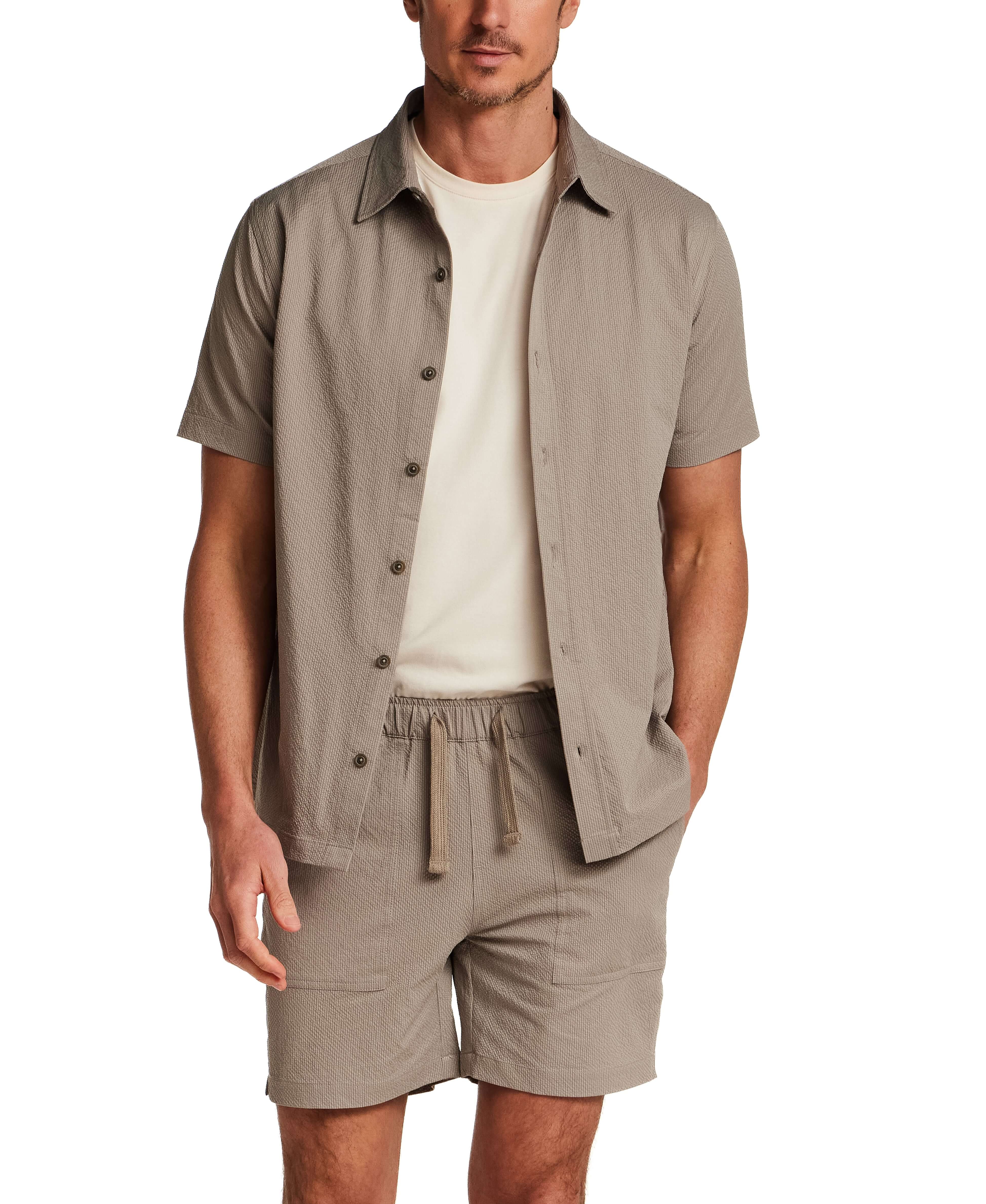 Mini Seersucker Shirt in Khaki paired with matching shorts, showcasing a refined summer look.