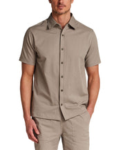 Mini Seersucker Shirt in Khaki worn by a model, showcasing its lightweight texture and structured collar.