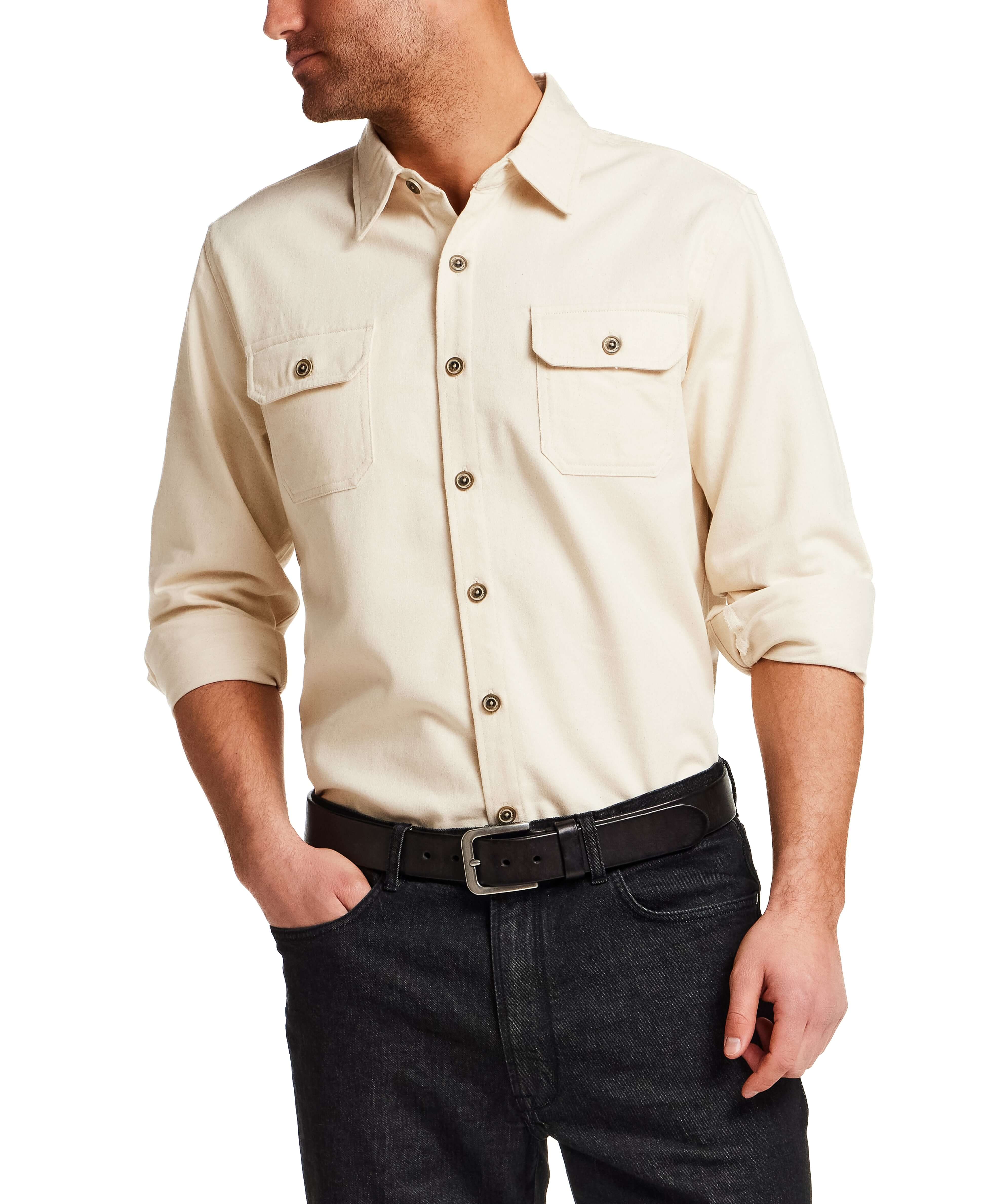 Model wearing The Utility Shirt in Natural, featuring button front and flap chest pockets for a classic look.