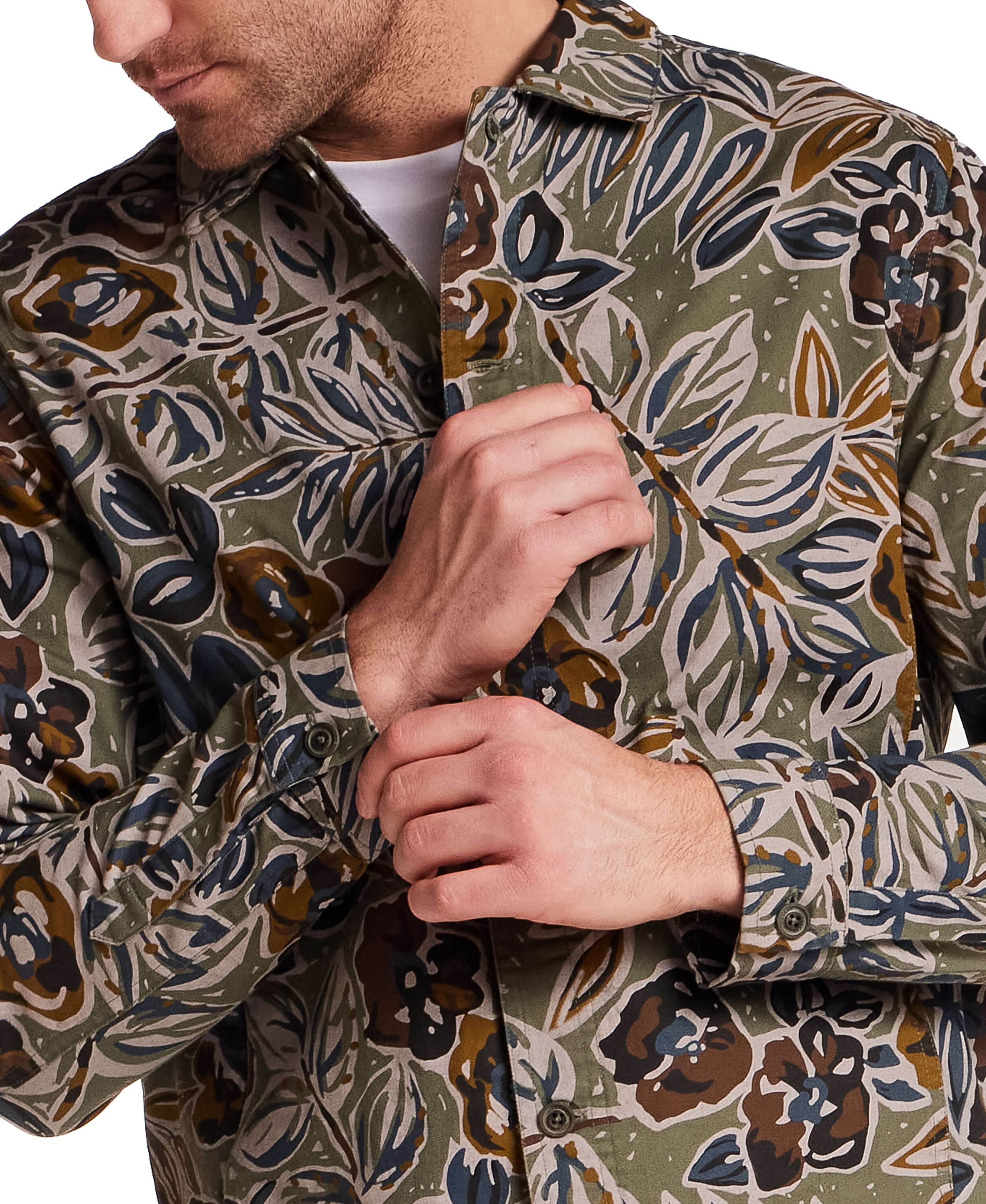 Floral Print Twill Trucker in Olive featuring a detailed floral pattern and structured fabric.