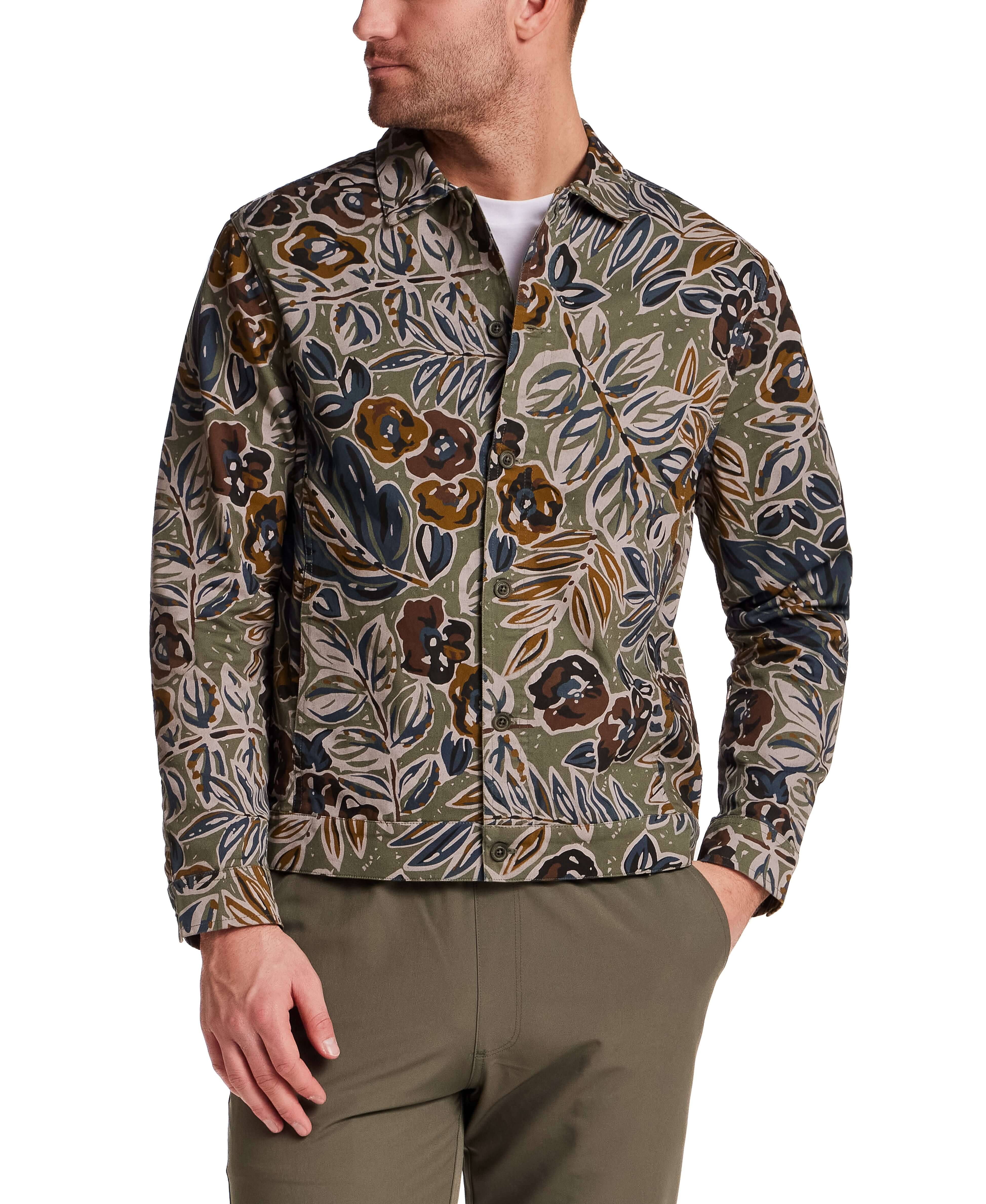 Floral Print Twill Trucker in Olive featuring a muted floral pattern on structured cotton twill.