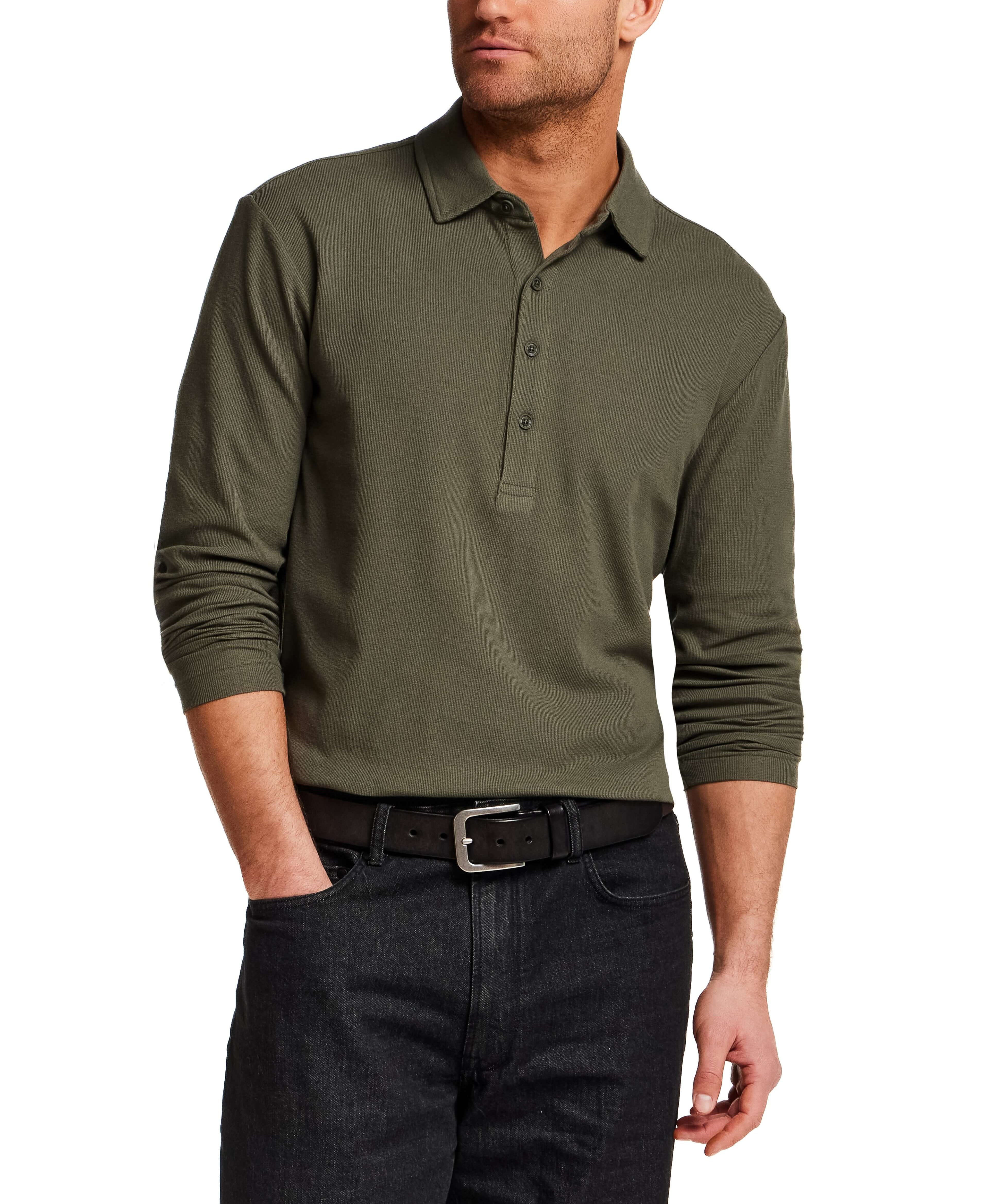 Long Sleeve Mini Waffle Polo in Olive, featuring a soft texture and versatile style for comfort and modern wear.
