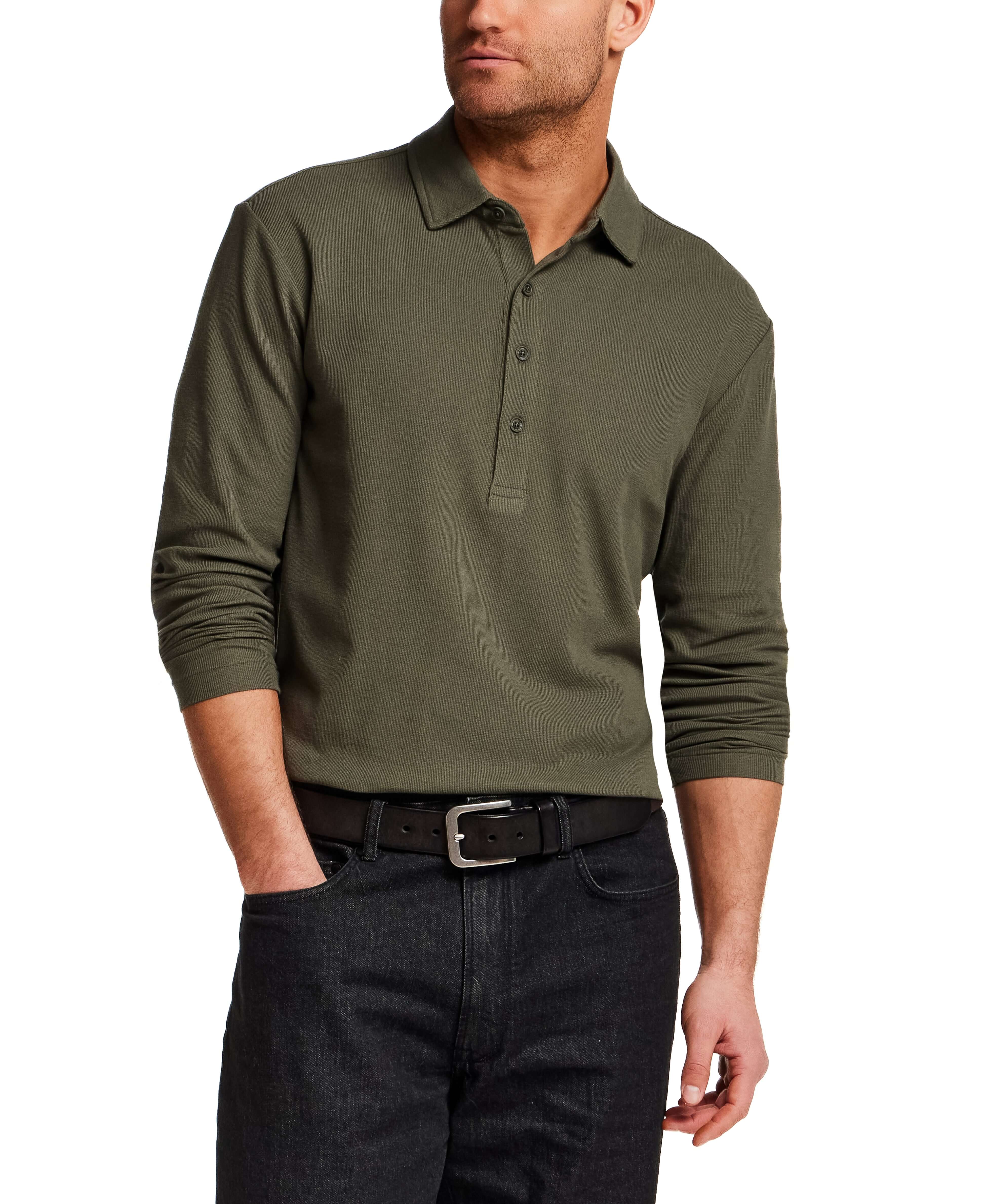 Long Sleeve Mini Waffle Polo in Olive, featuring a soft texture and versatile style for comfort and modern wear.