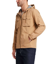 Poly Memory Safari Jacket with Hood in Kelp, lightweight hooded jacket with pockets and full zip front.