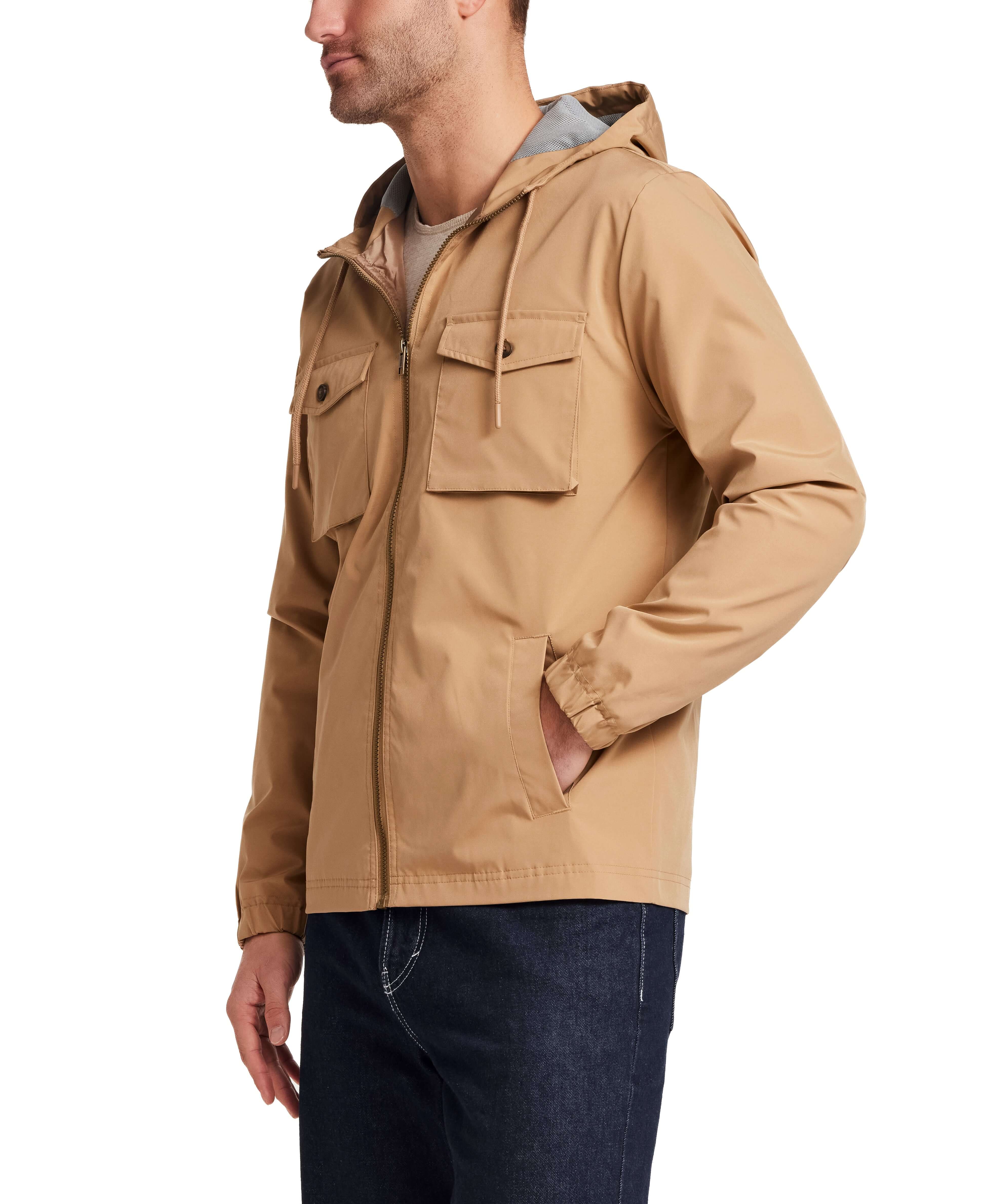Poly Memory Safari Jacket with Hood in Kelp, lightweight hooded jacket with pockets and full zip front.
