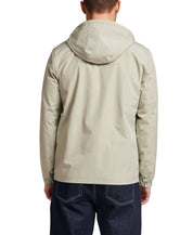 Poly Memory Safari Jacket with Hood in Sea Grass - back view showing the attached hood and lightweight design.