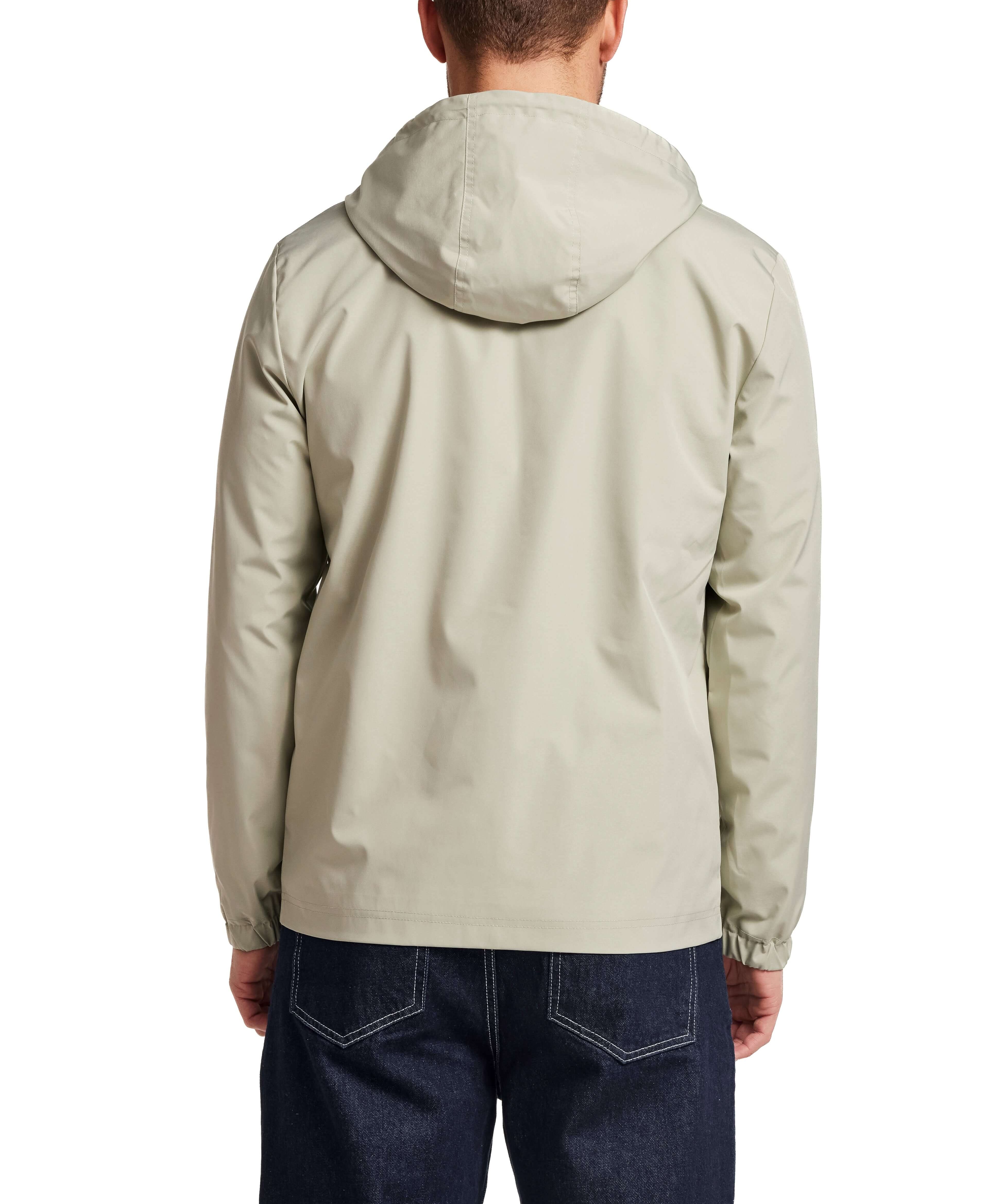 Poly Memory Safari Jacket with Hood in Sea Grass - back view showing the attached hood and lightweight design.