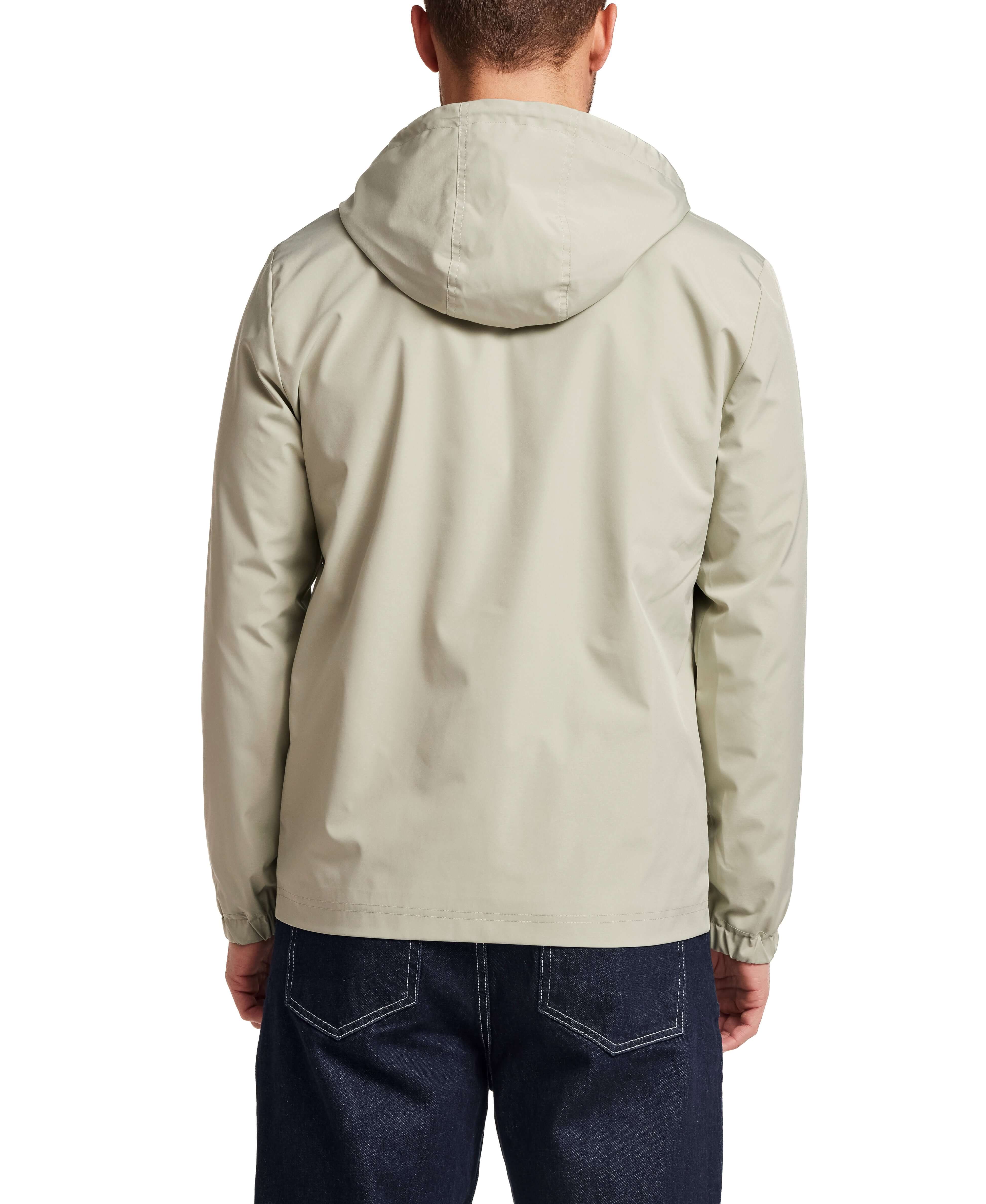 Poly Memory Safari Jacket with Hood in Sea Grass - back view showing the attached hood and lightweight design.