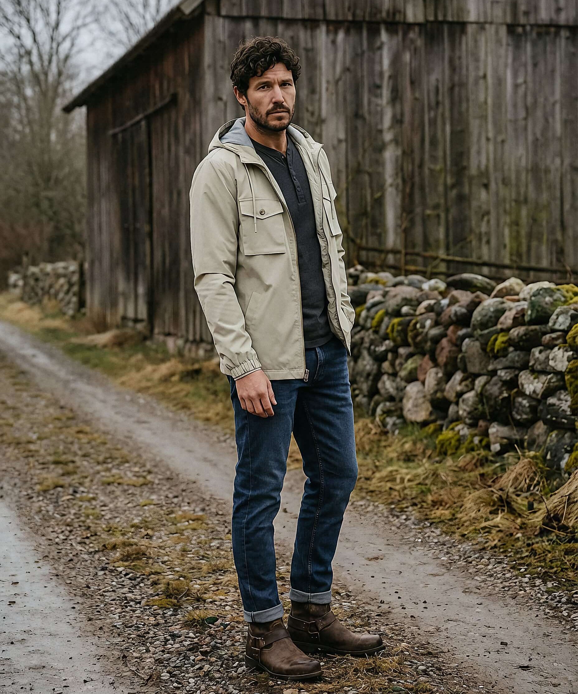 Poly Memory Safari Jacket with Hood in Sea Grass worn by a man standing on a gravel path, surrounded by rustic scenery.