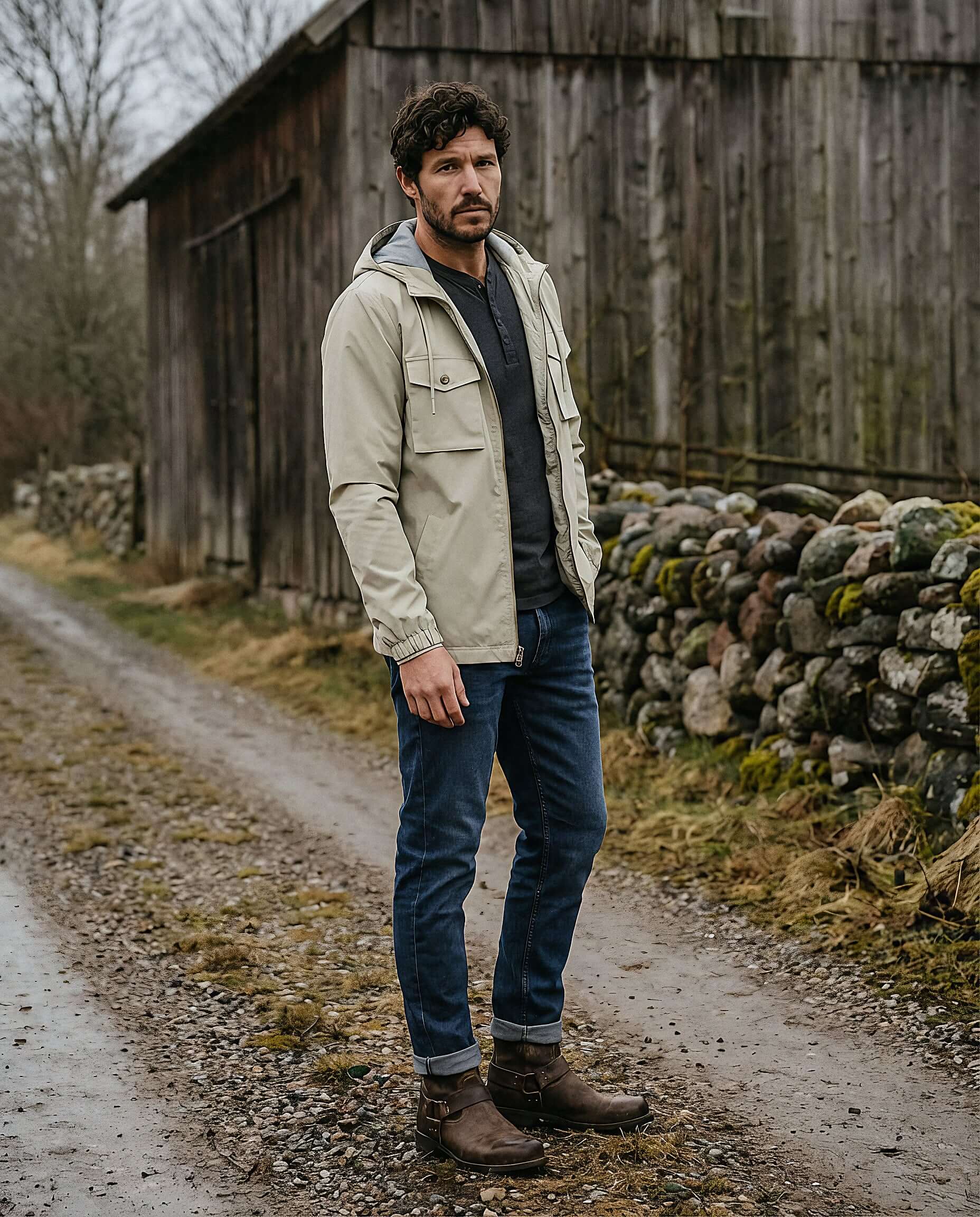 Poly Memory Safari Jacket with Hood in Sea Grass worn by a man standing on a gravel path, surrounded by rustic scenery.