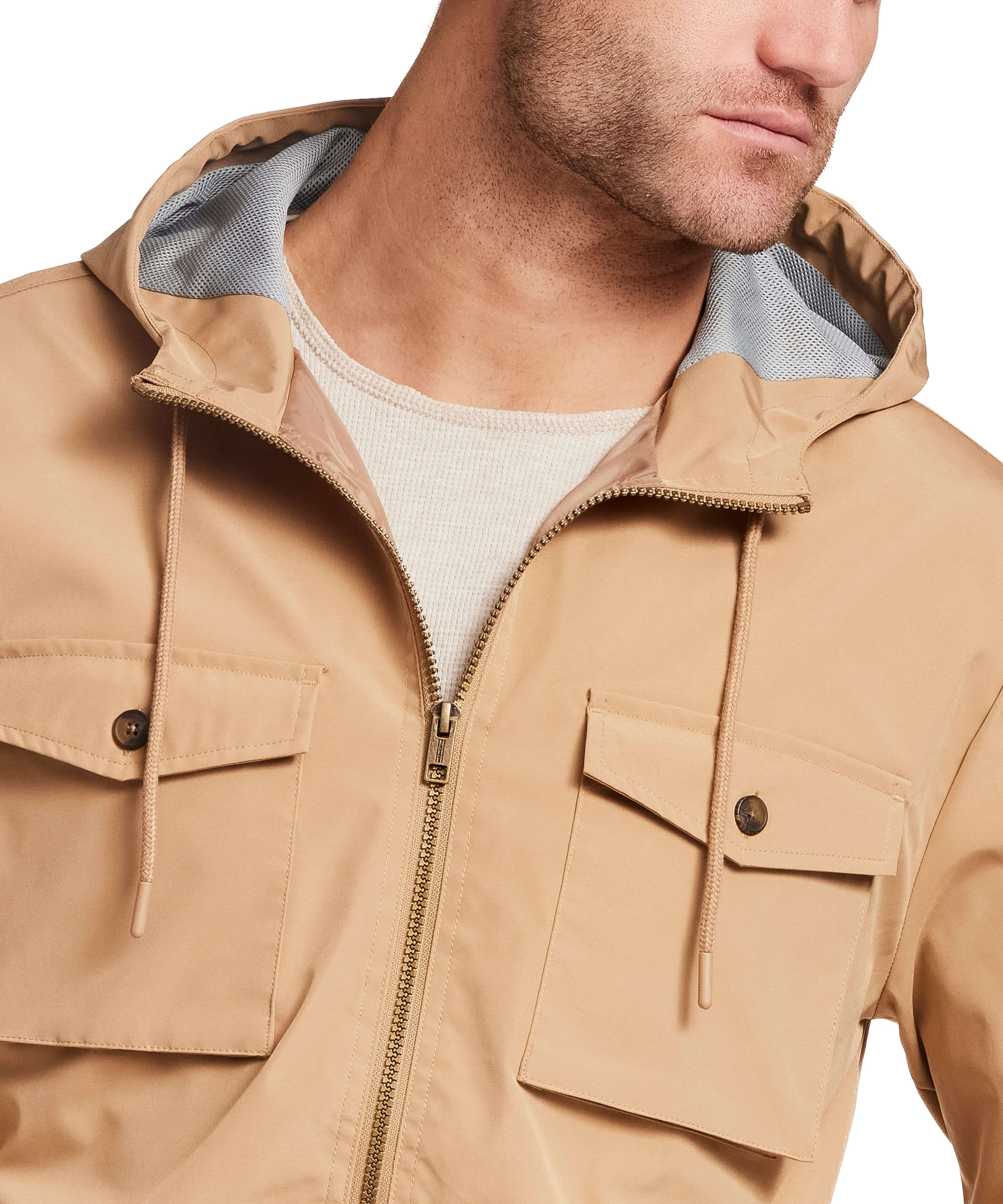 Poly Memory Safari Jacket with Hood in Kelp, lightweight, wind-proof, and water-resistant for everyday wear.
