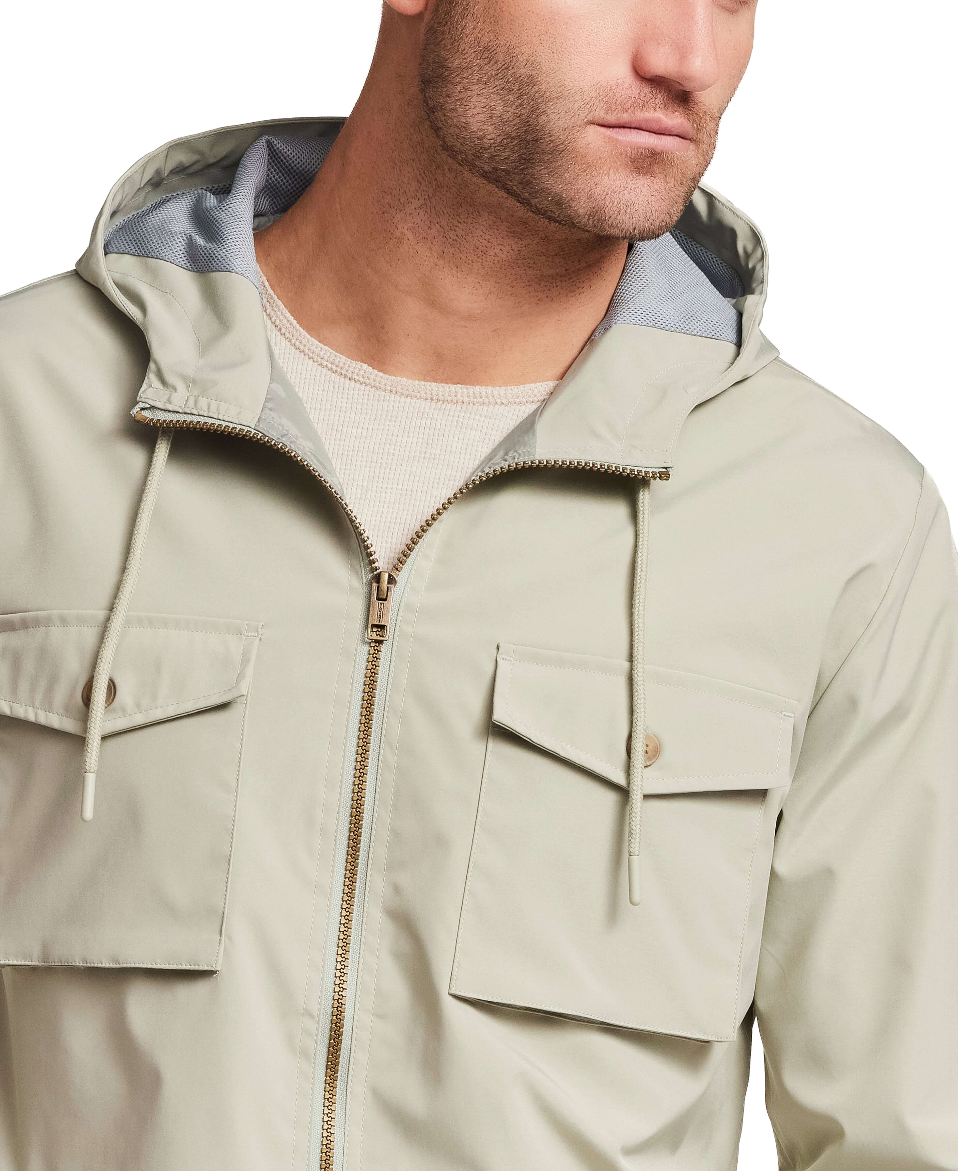 Poly Memory Safari Jacket with Hood in Sea Grass worn by a model, featuring an attached hood and full zip front.